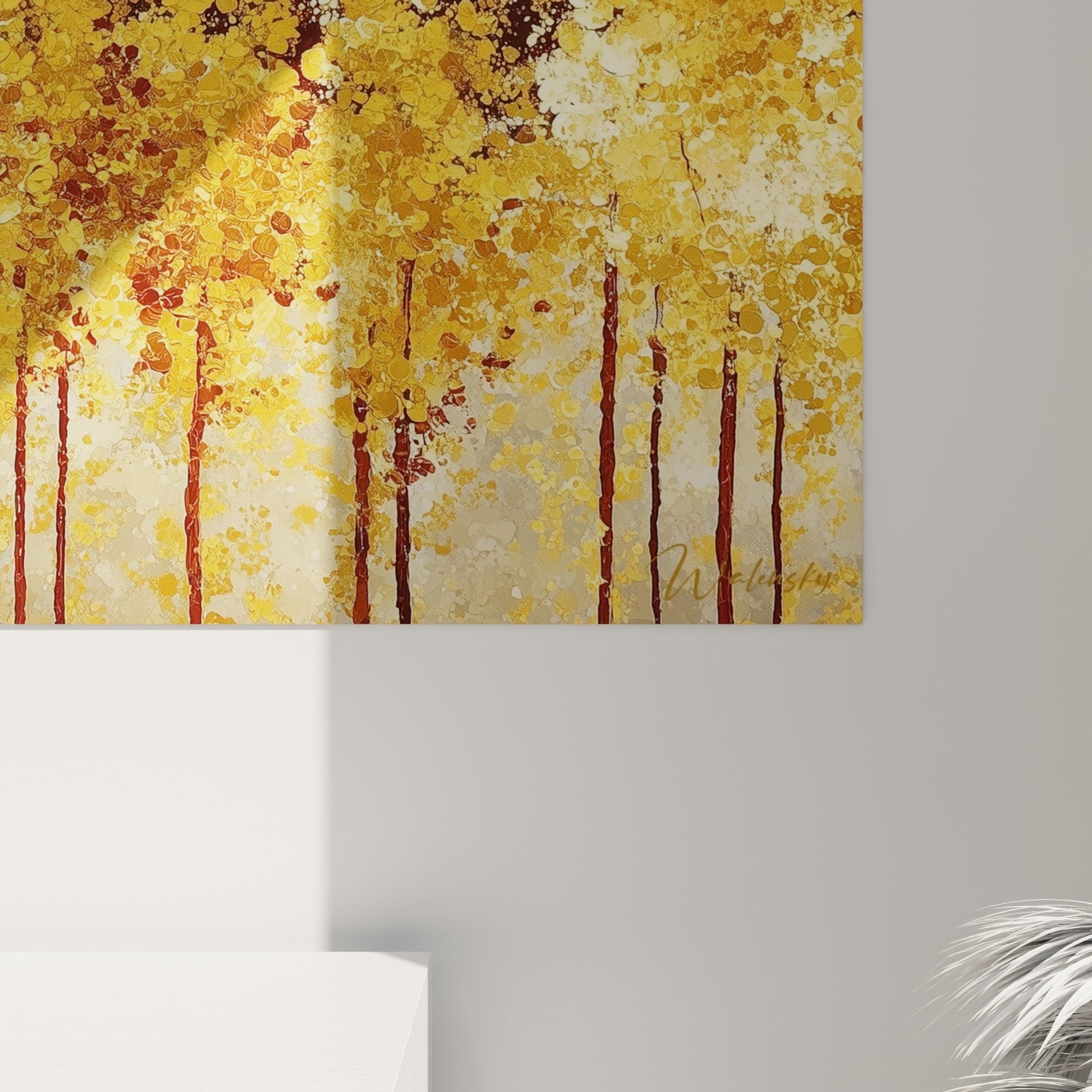 Vue d'ensemble tableau forêt automnale dorée salon décoration murale tons terre feng shui