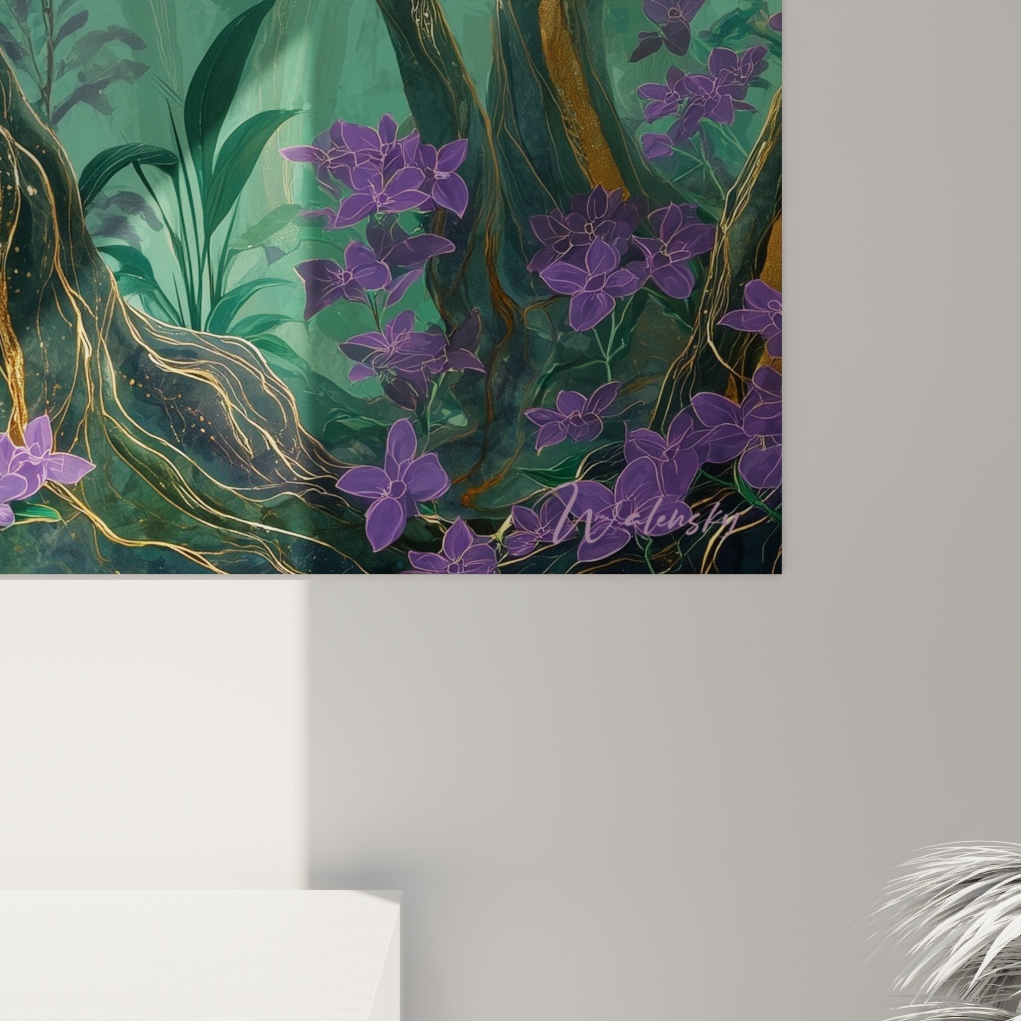 Turquoise forest artwork overview, complete composition with golden trees and colored mist