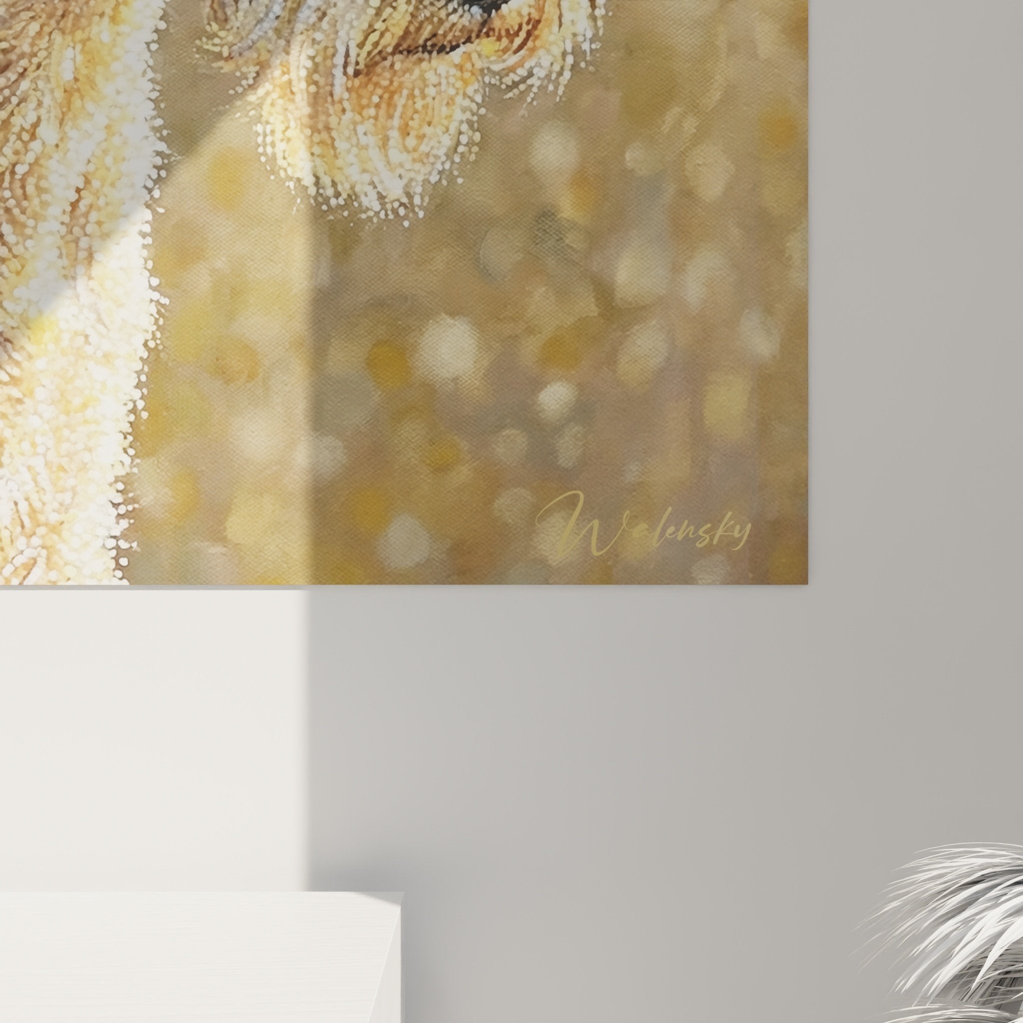 Vue d'ensemble tableau Fox Terrier tons dorés, rendu lumineux et chaleureux pour intérieur moderne