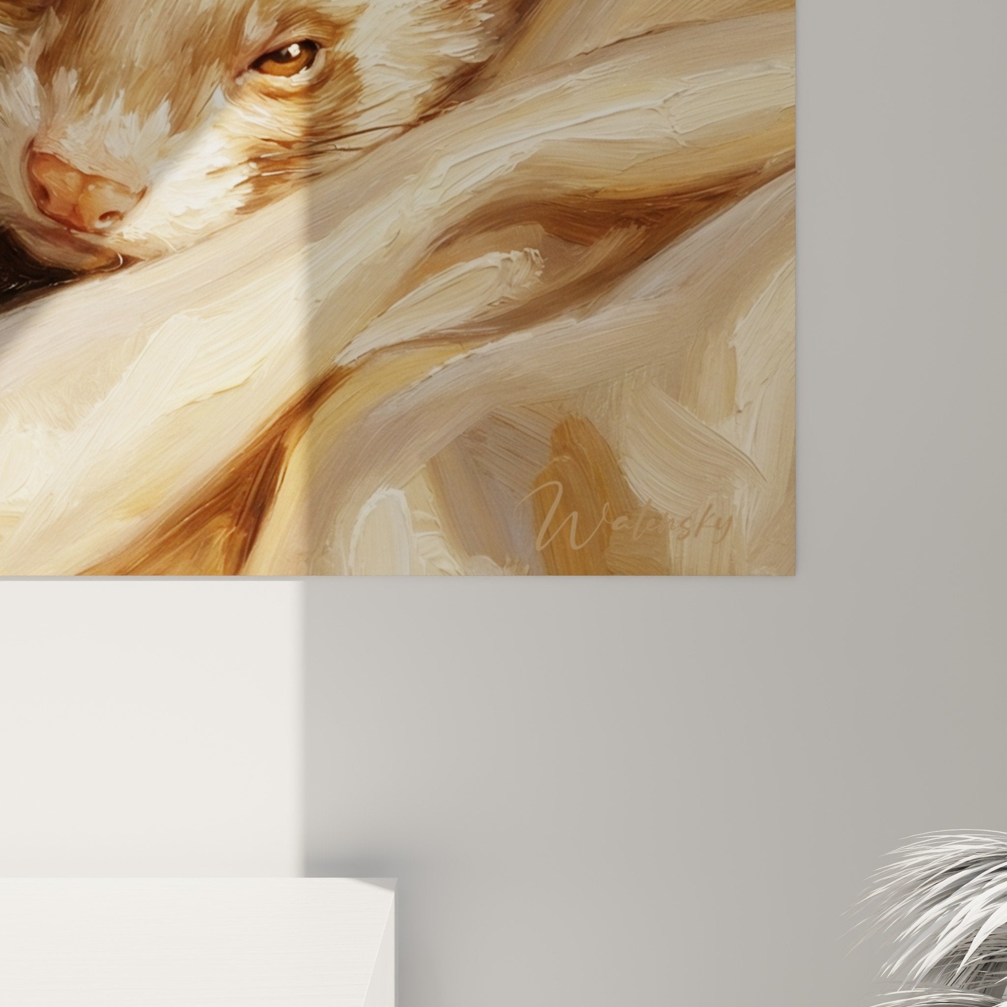 Gesamtansicht Frettchen-Kunstwerk in natürlichen Tönen Integration warme Inneneinrichtung Frettchen-Edition