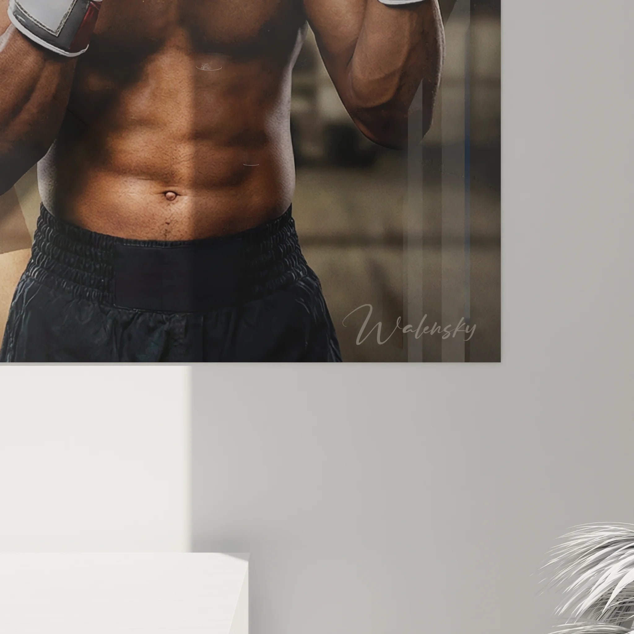 Vue ensemble galerie art sportif avec tableau XXL évolution champions boxe style contemporain