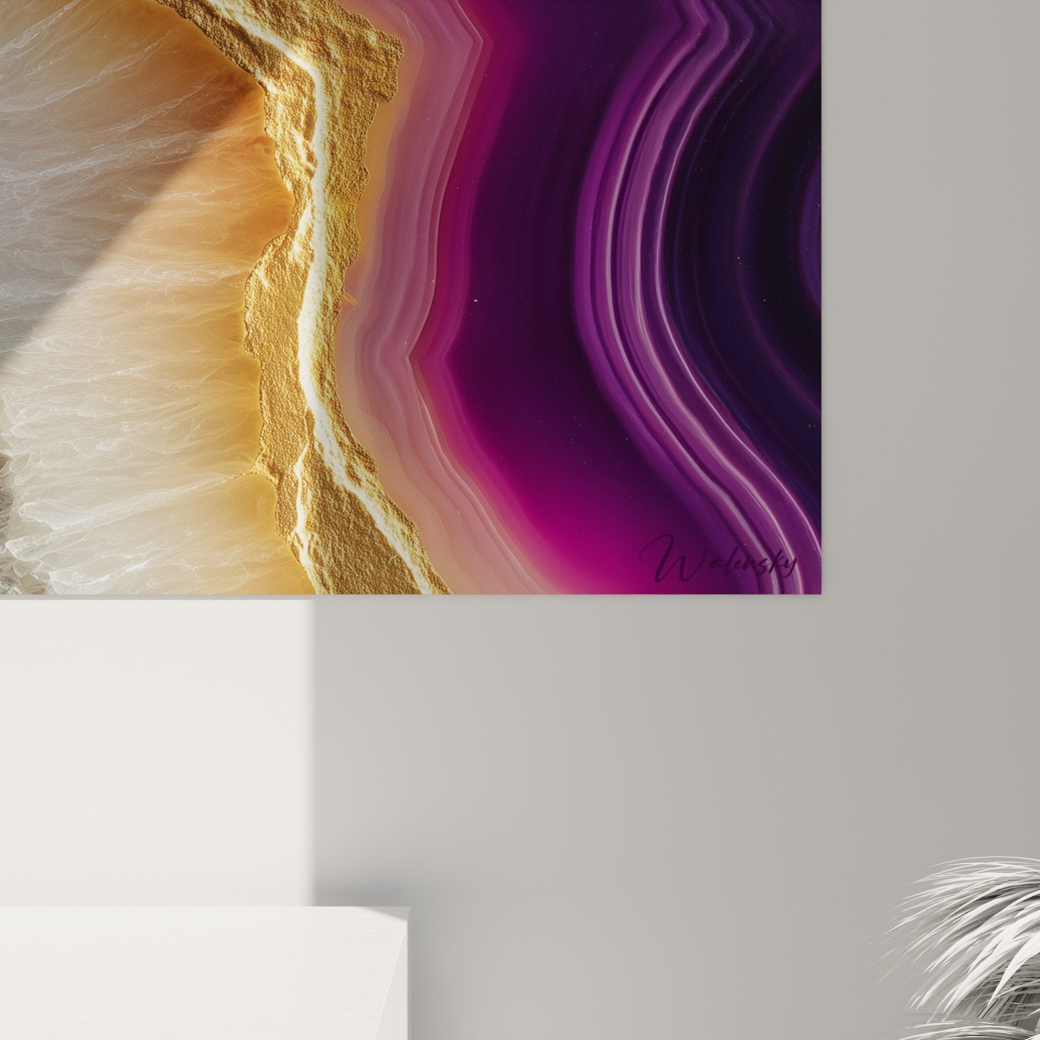 Amethyst geode wall art overview in contemporary interior setting