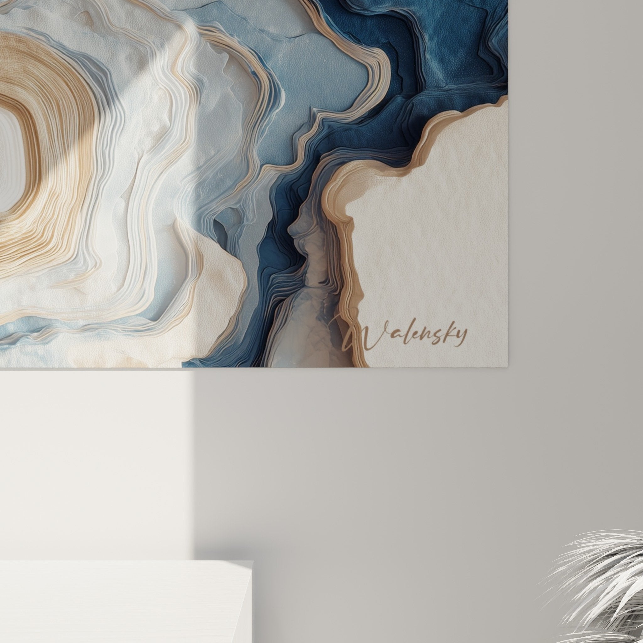 vue ensemble tableau geode bleue beige salon decoration marbre abstrait moderne