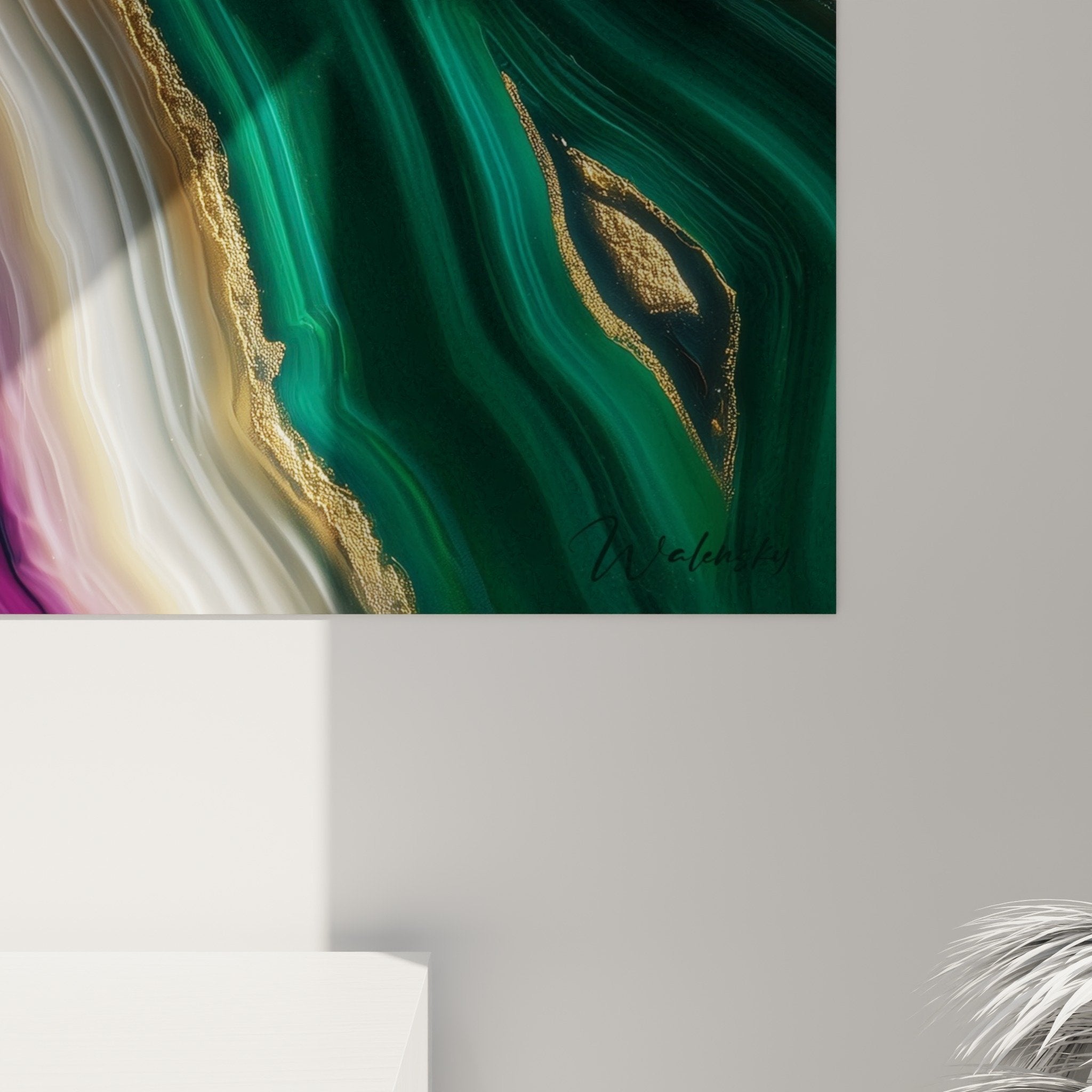 Vue d'ensemble tableau mural géode cristalline améthyste malachite, art minéral feng shui décoratif