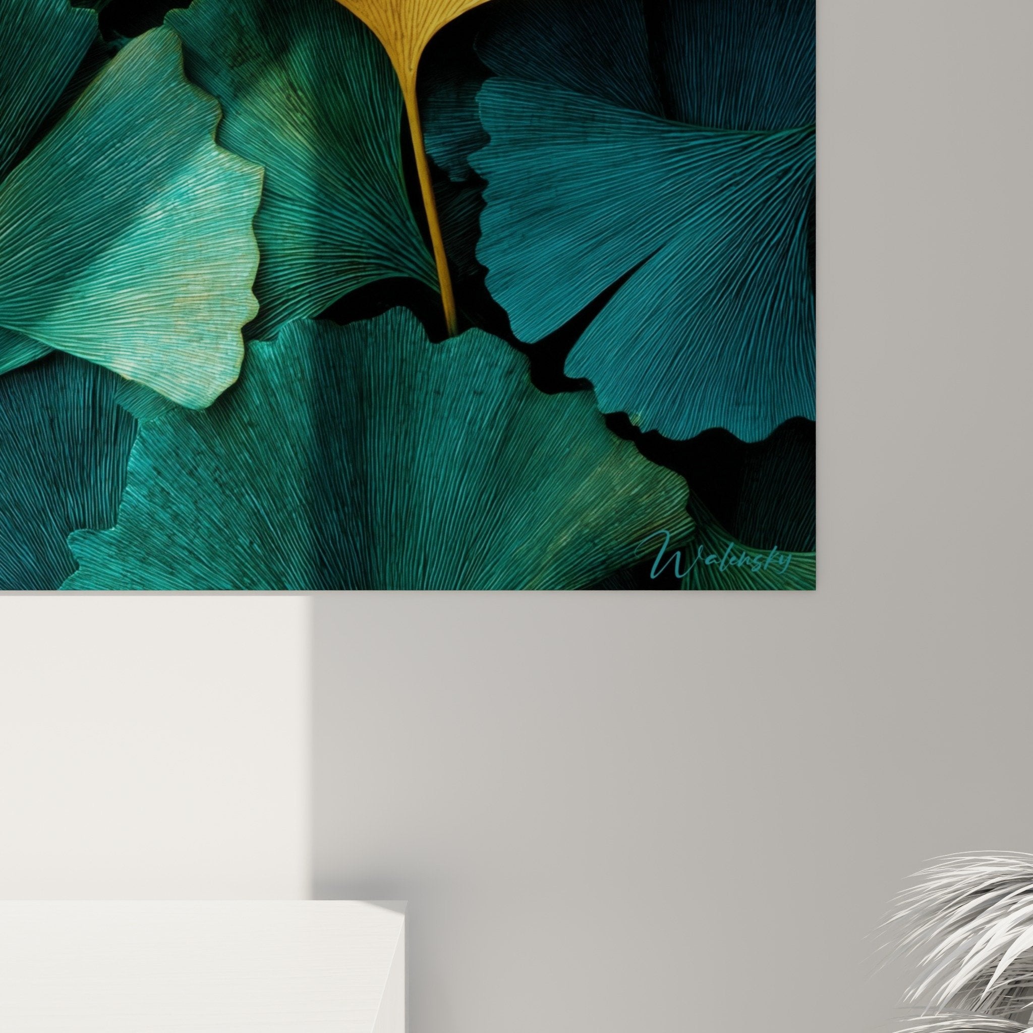 Vue ensemble tableau ginkgo contraste or turquoise, composition botanique moderne decoration interieur