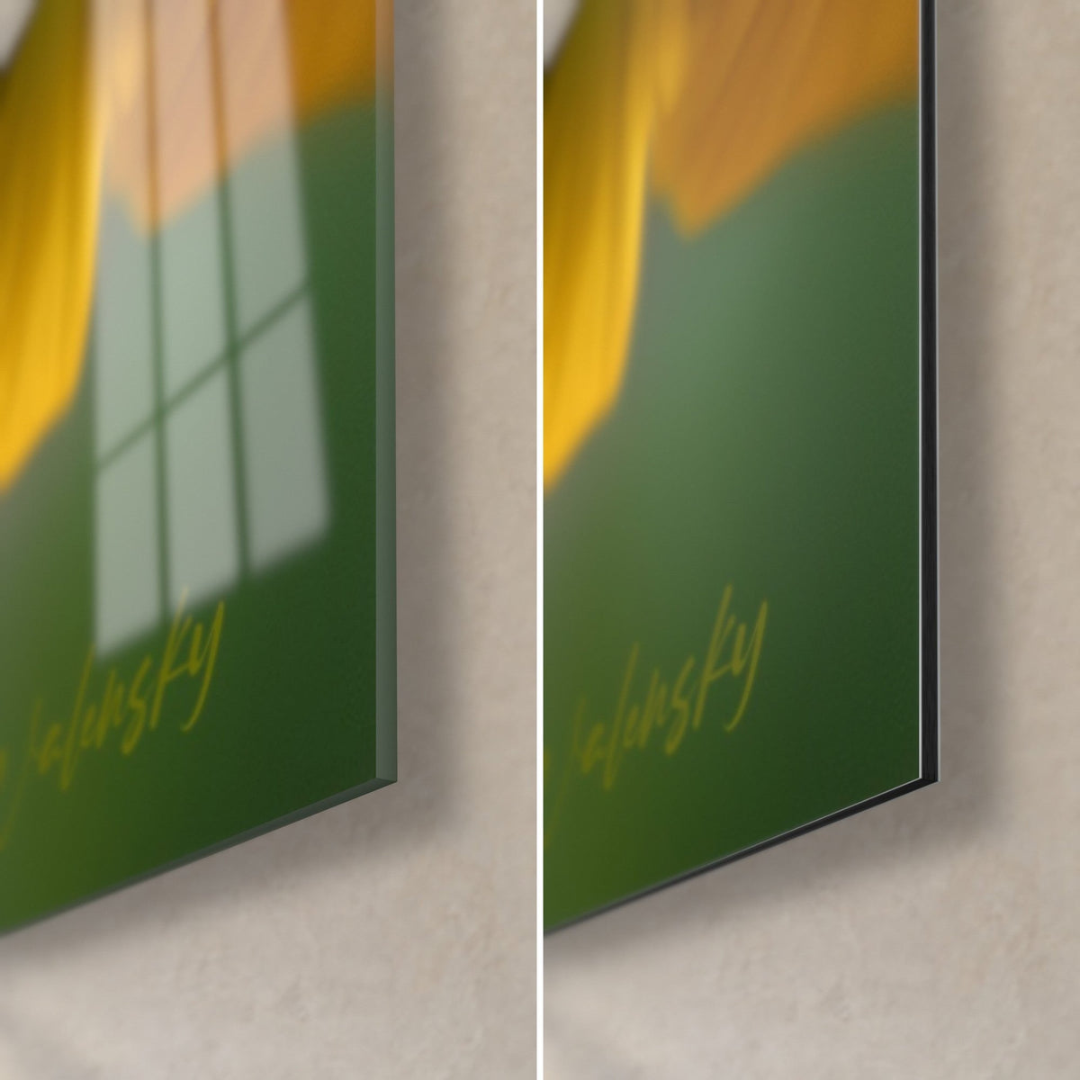 Cuadro ramita de ginkgo verde oscuro firmado por Walensky, firma abajo a la derecha: cristal brillante con reflejos de ventana, aluminio Dibond mate, canto de 3 mm