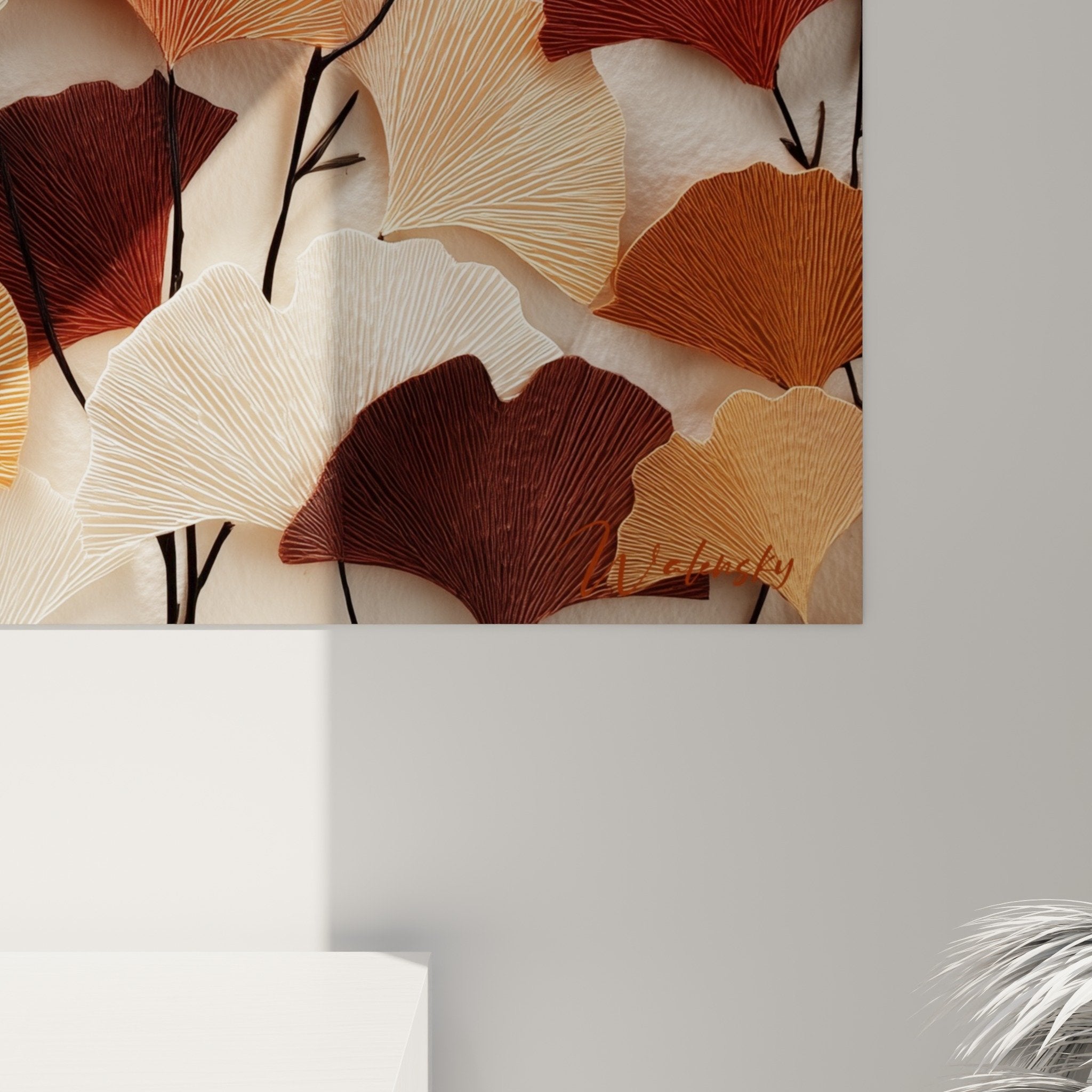 Vue d'ensemble tableau ginkgo relief composition automnale feuilles superposées tons terreux