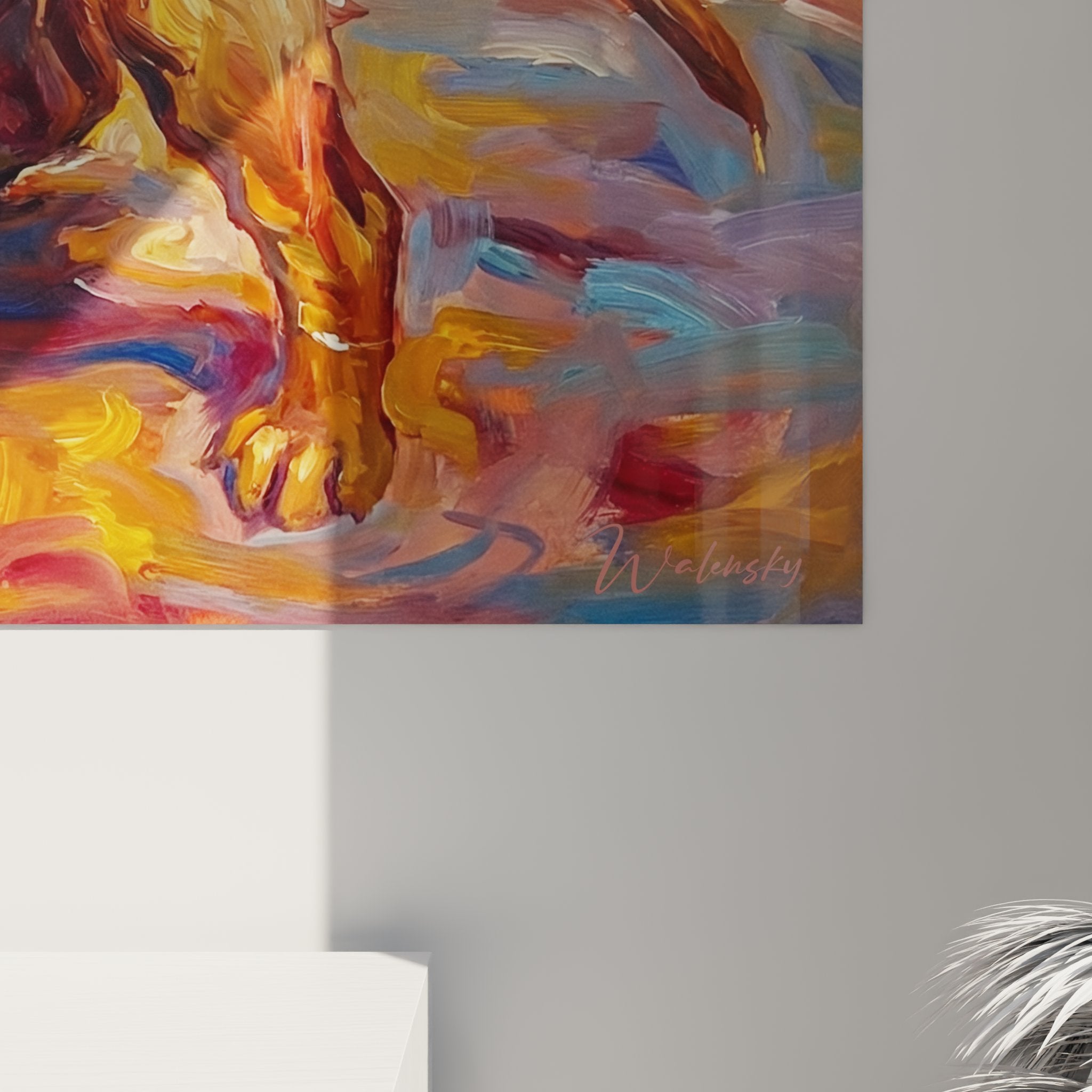 Gesamtansicht Gemälde Golden Retriever Welpe Wanddekoration Tierkunst Herbsttöne
