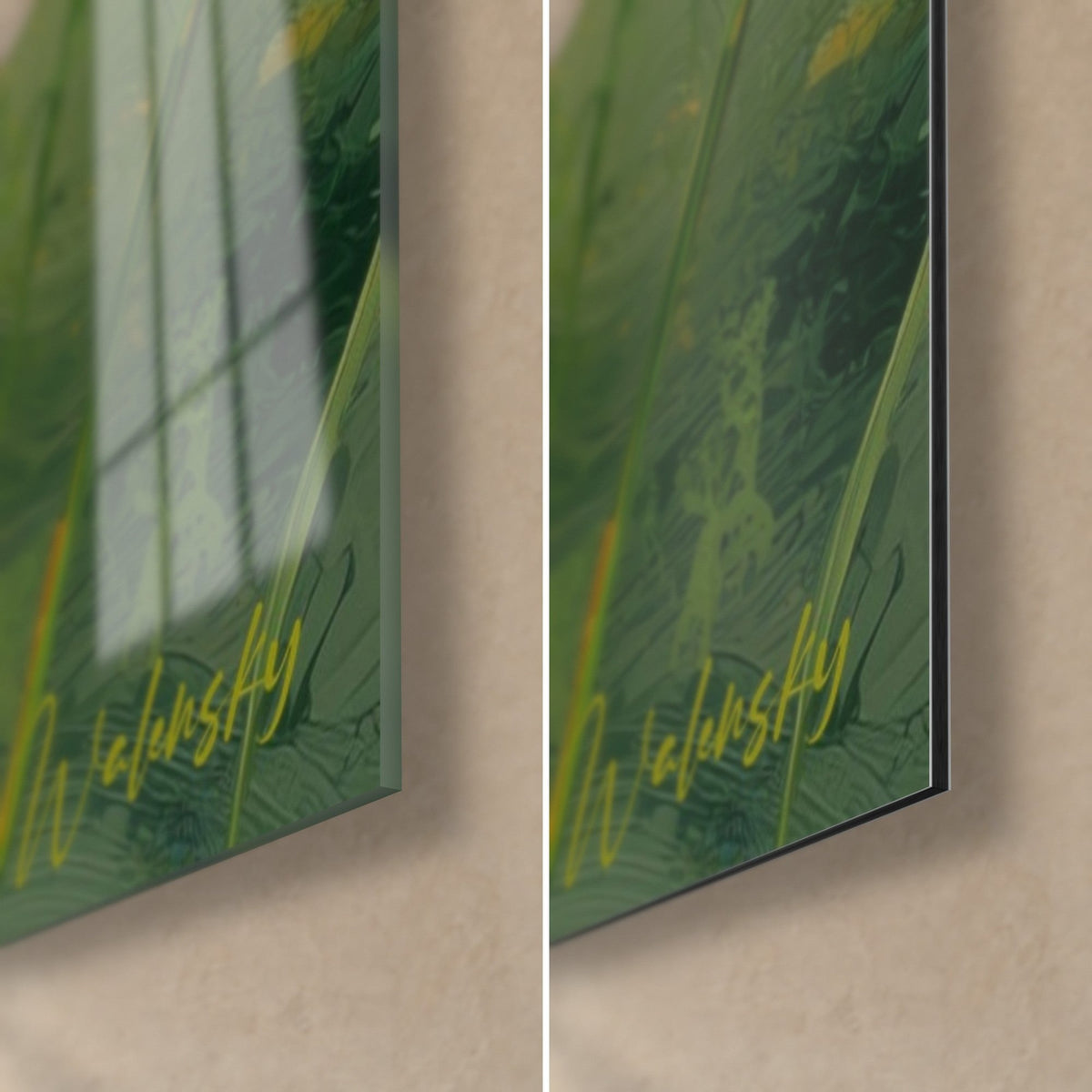 Gemälde mit goldenen Gräsern auf dunkelgrünem Grund, untere rechte Ecke: glänzendes Acrylglas links, mattes Alu-Dibond rechts, 3 mm Kante