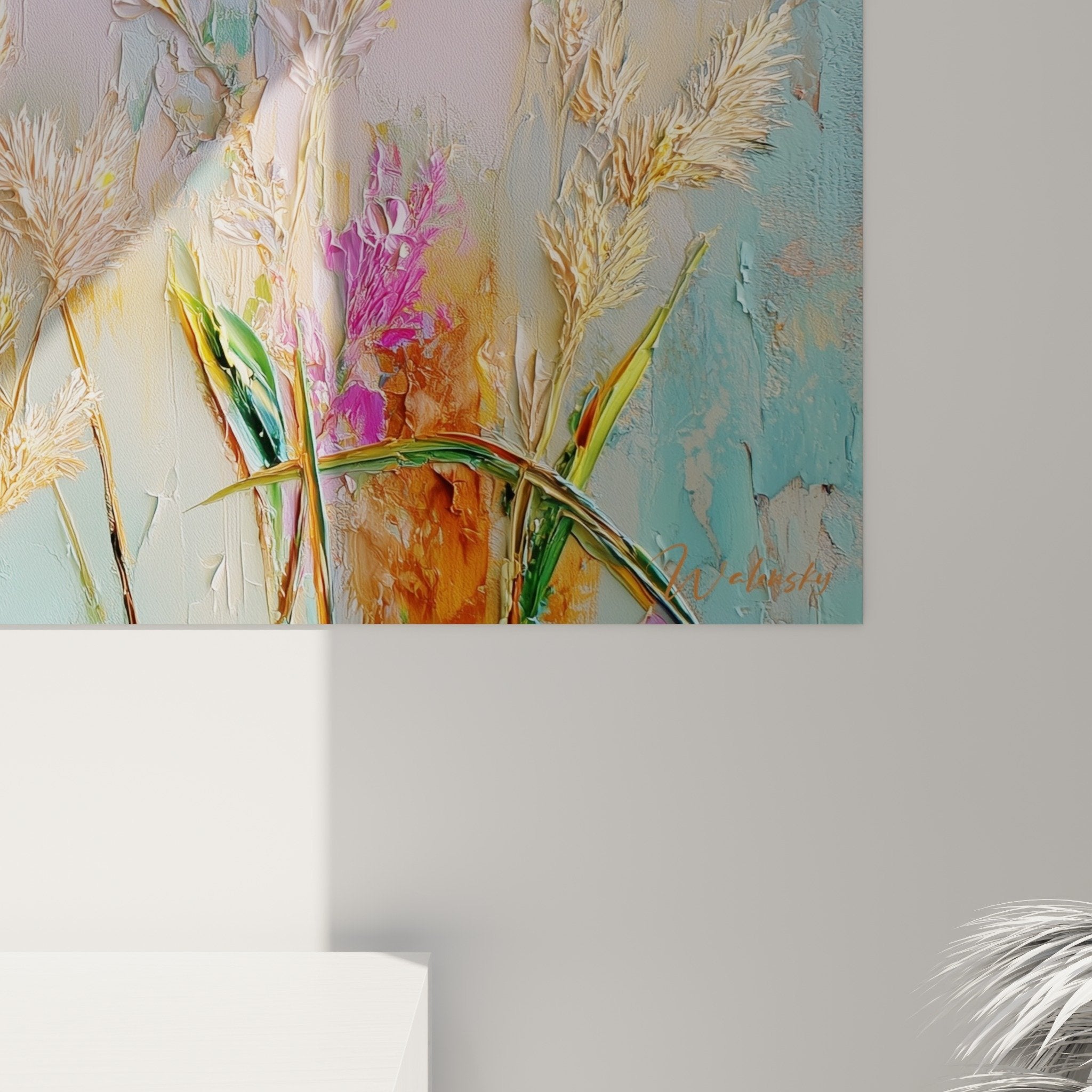 Vue d'ensemble tableau graminées format panoramique prairie stylisée tons pastel décoration contemporaine