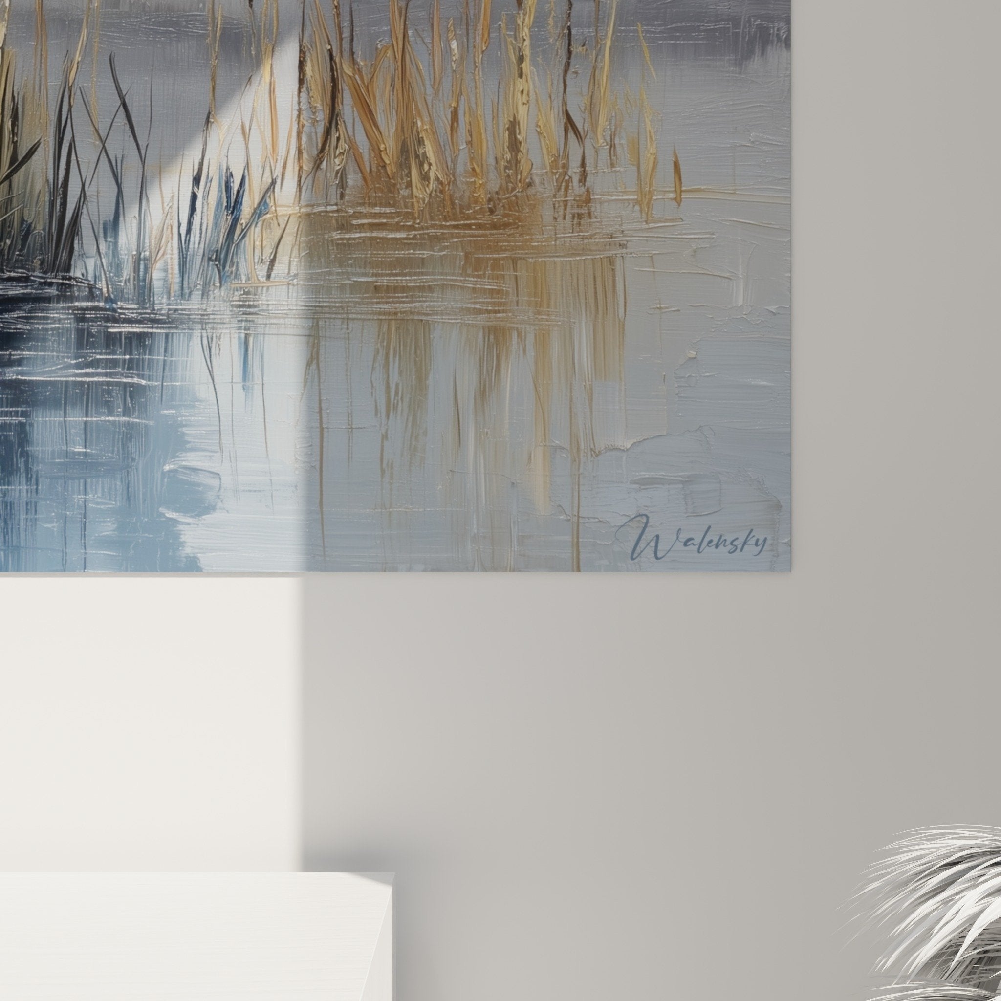 Vue d'ensemble tableau herbes hautes dorées reflets eau bleue