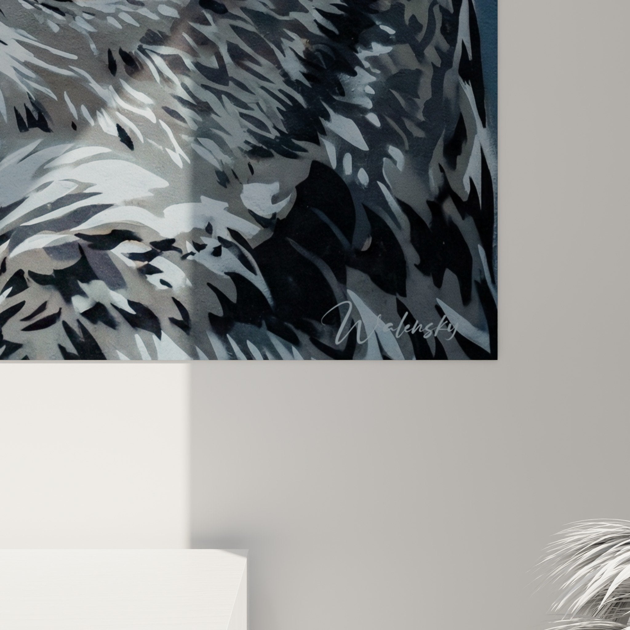 Vue ensemble tableau hibou street art pochoir decoration interieur moderne cadre elegant