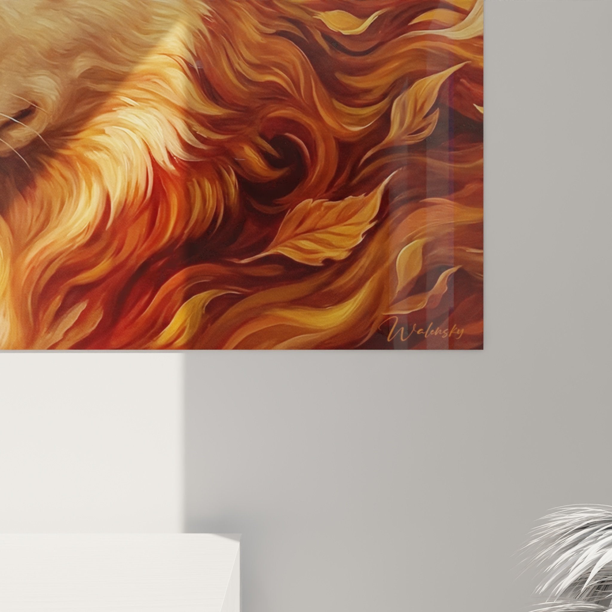 Vue d'ensemble tableau Husky aux flammes dorées dans intérieur contemporain avec éclairage chaleureux