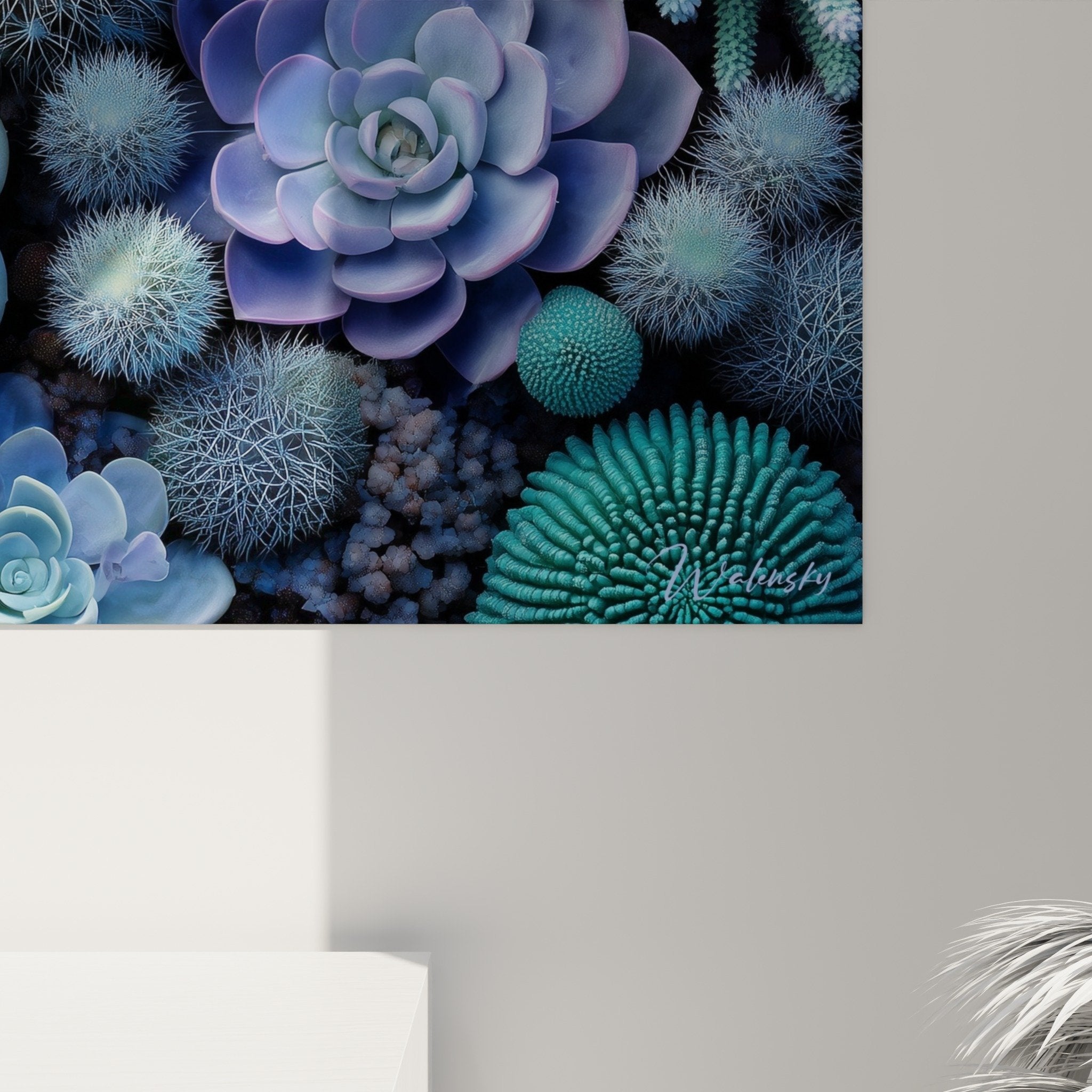 Vue d'ensemble tableau jardin cactus turquoise améthyste composition botanique panoramique