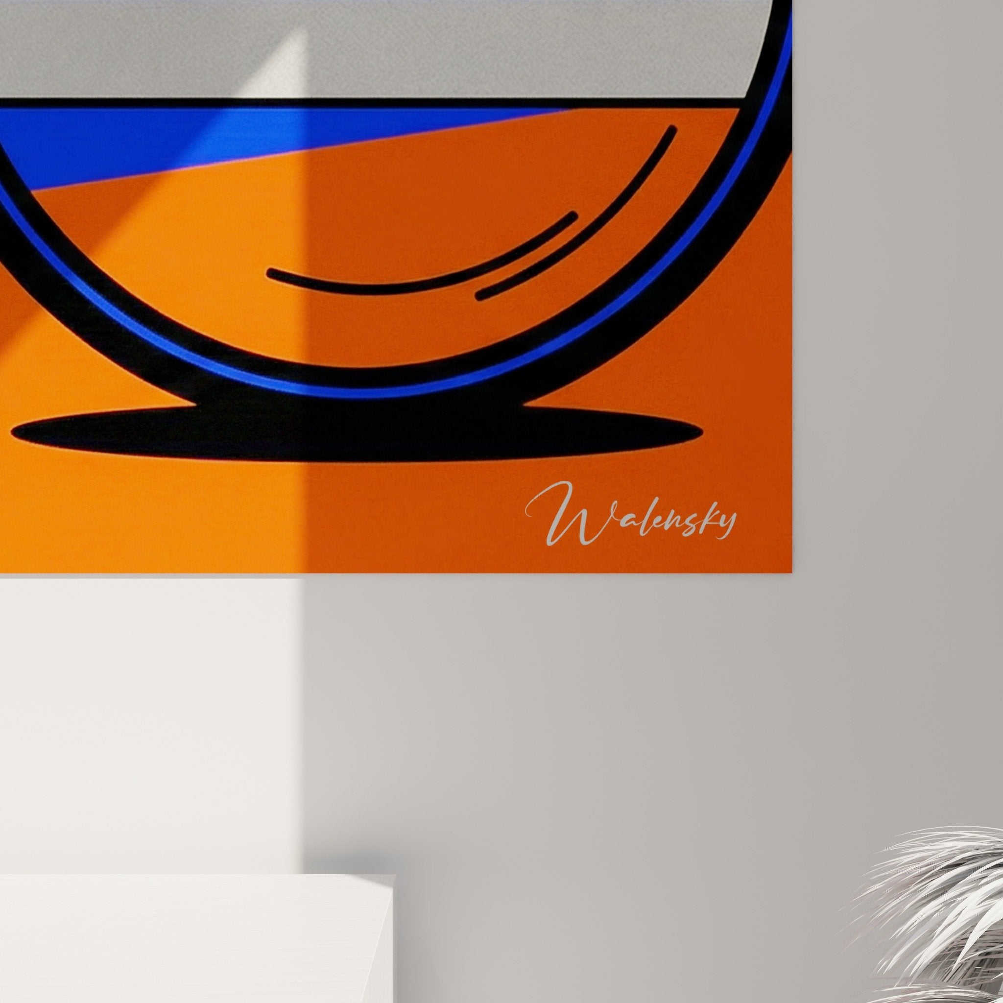 Vue ensemble tableau Keeshond bleu orange salon moderne decoration murale art canin contemporain couleurs vives