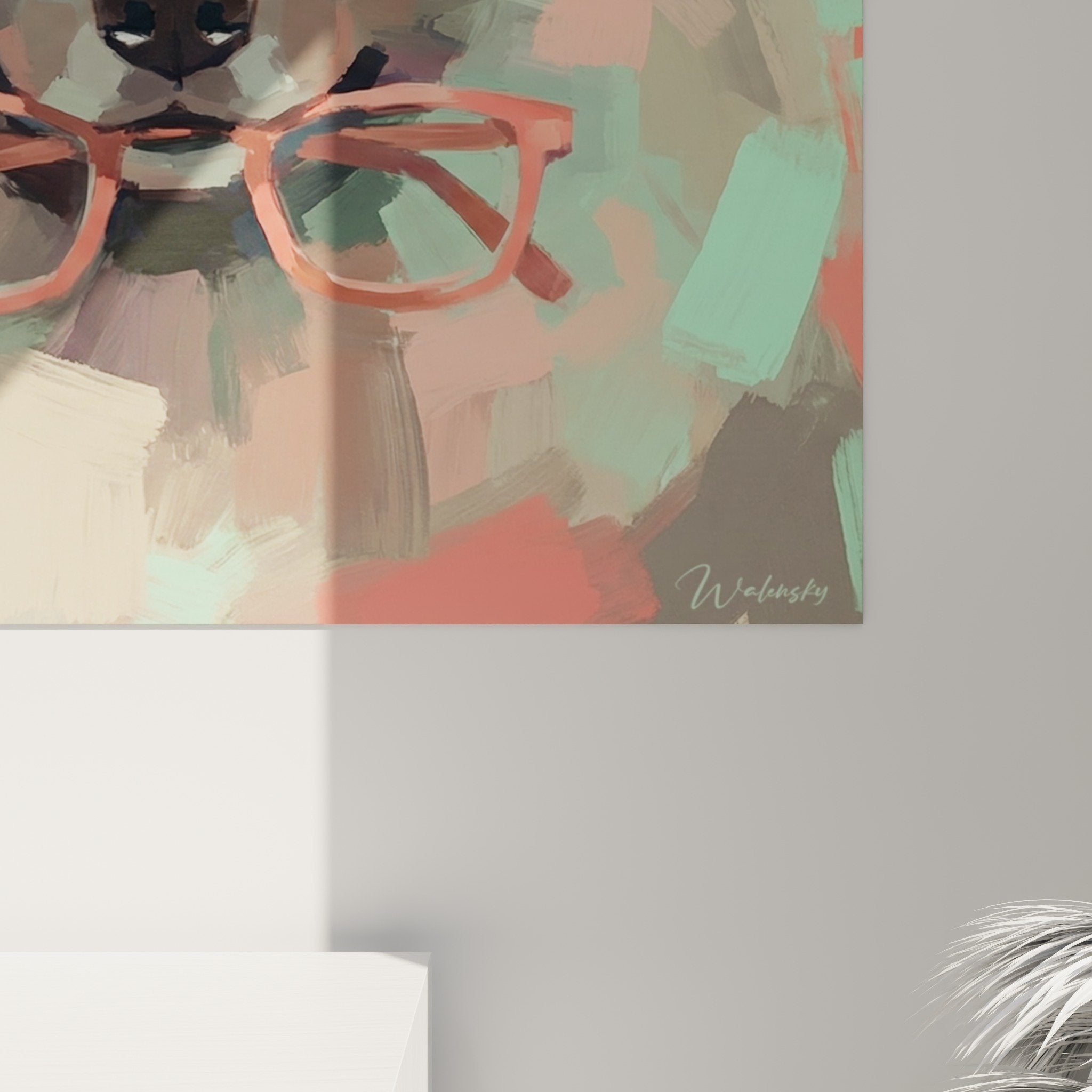 Vue d'ensemble tableau Keeshond lunettes colorées, composition artistique moderne, palette pastel menthe corail
