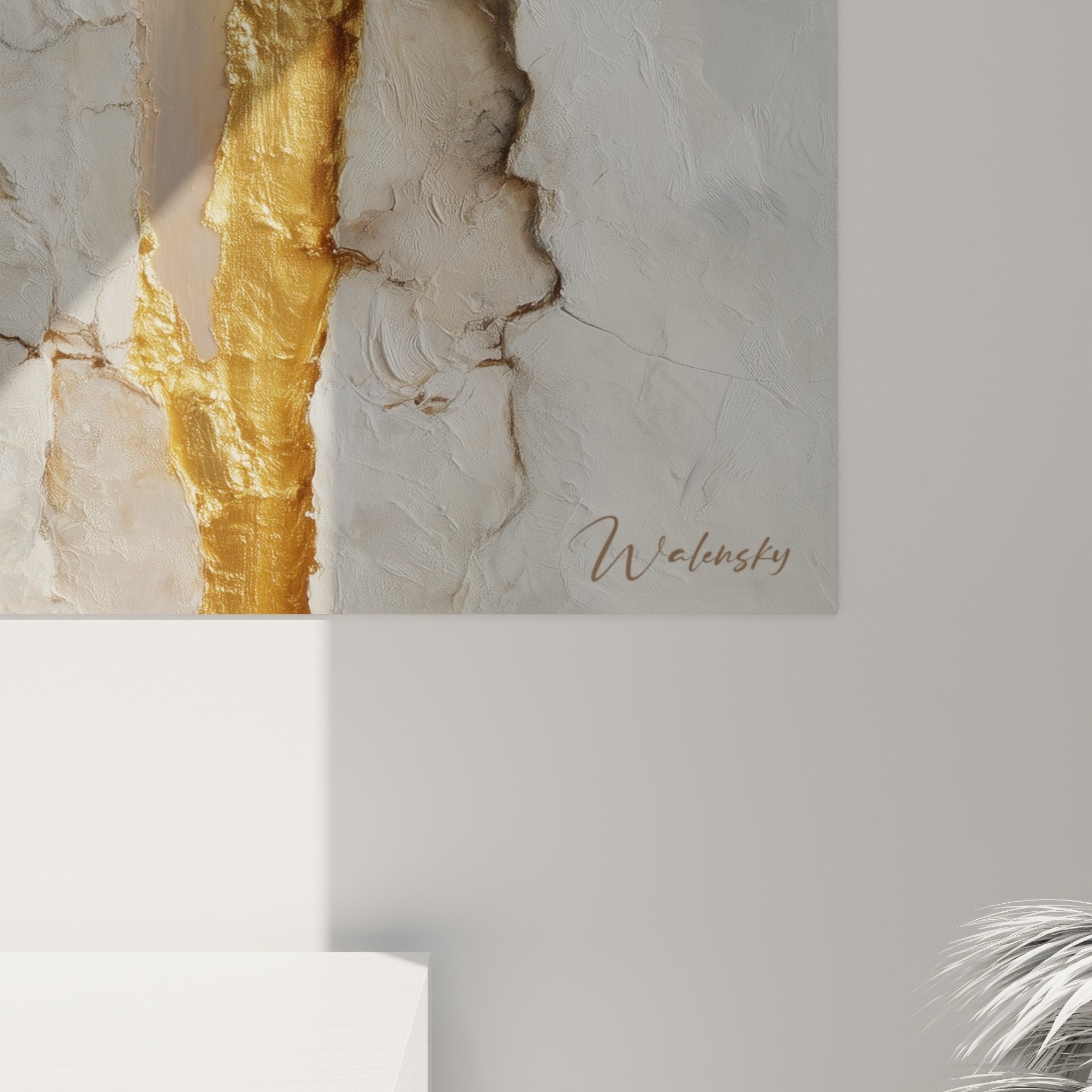 Overview of textured beige golden kintsugi painting feng shui earth center