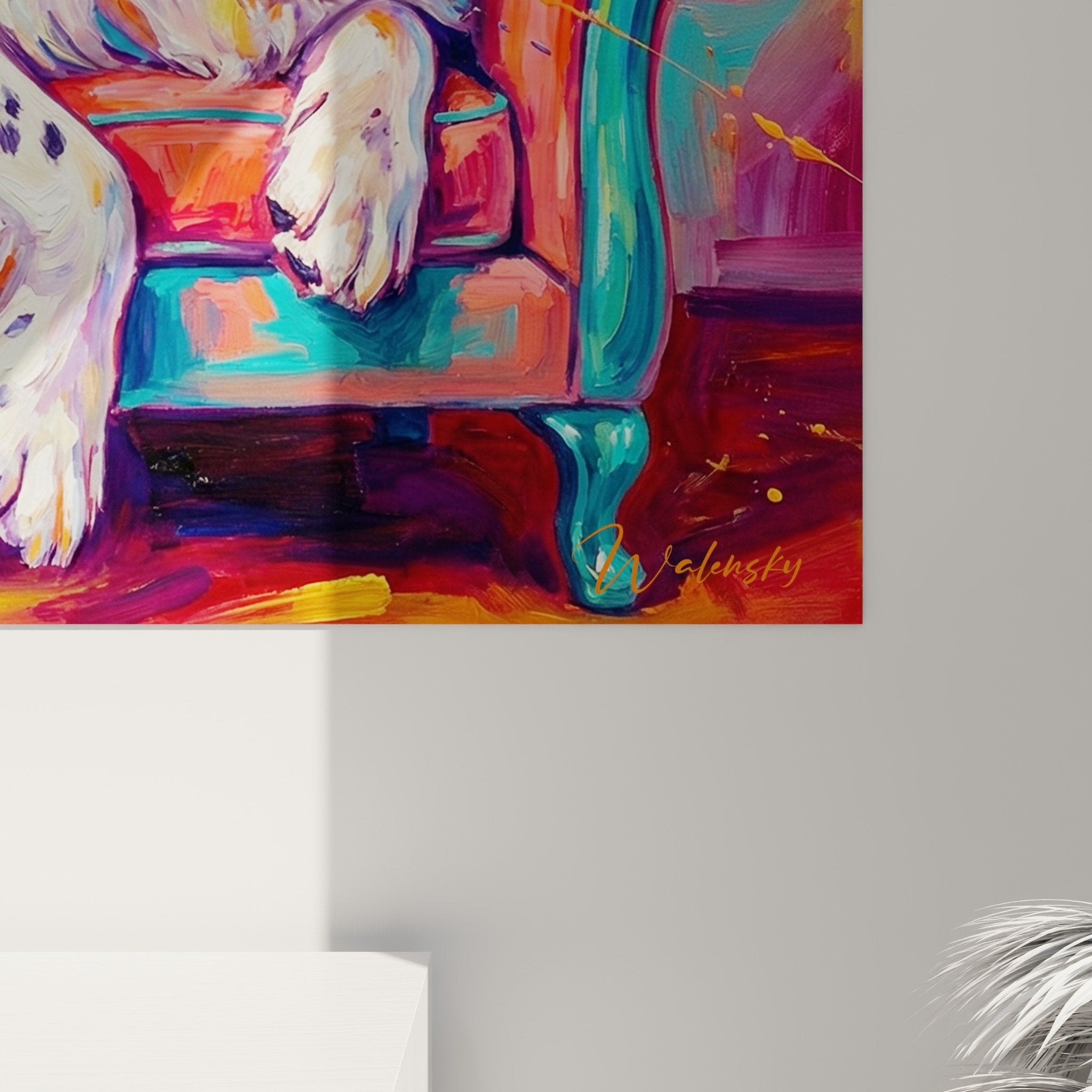 Gesamtansicht Landseer-Gemälde mit farbigem Barocksessel, modernes impressionistisches Kunstwerk für Innenausstattung