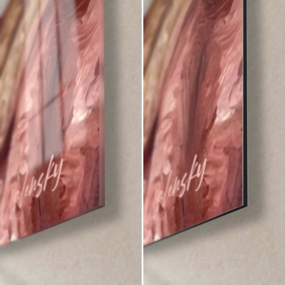 Schilderij: Landseer en pasgeborene, rechtsonder hoek: glanzend glas links, mat Dibond-aluminium rechts, poederroze, rand van 3 mm
