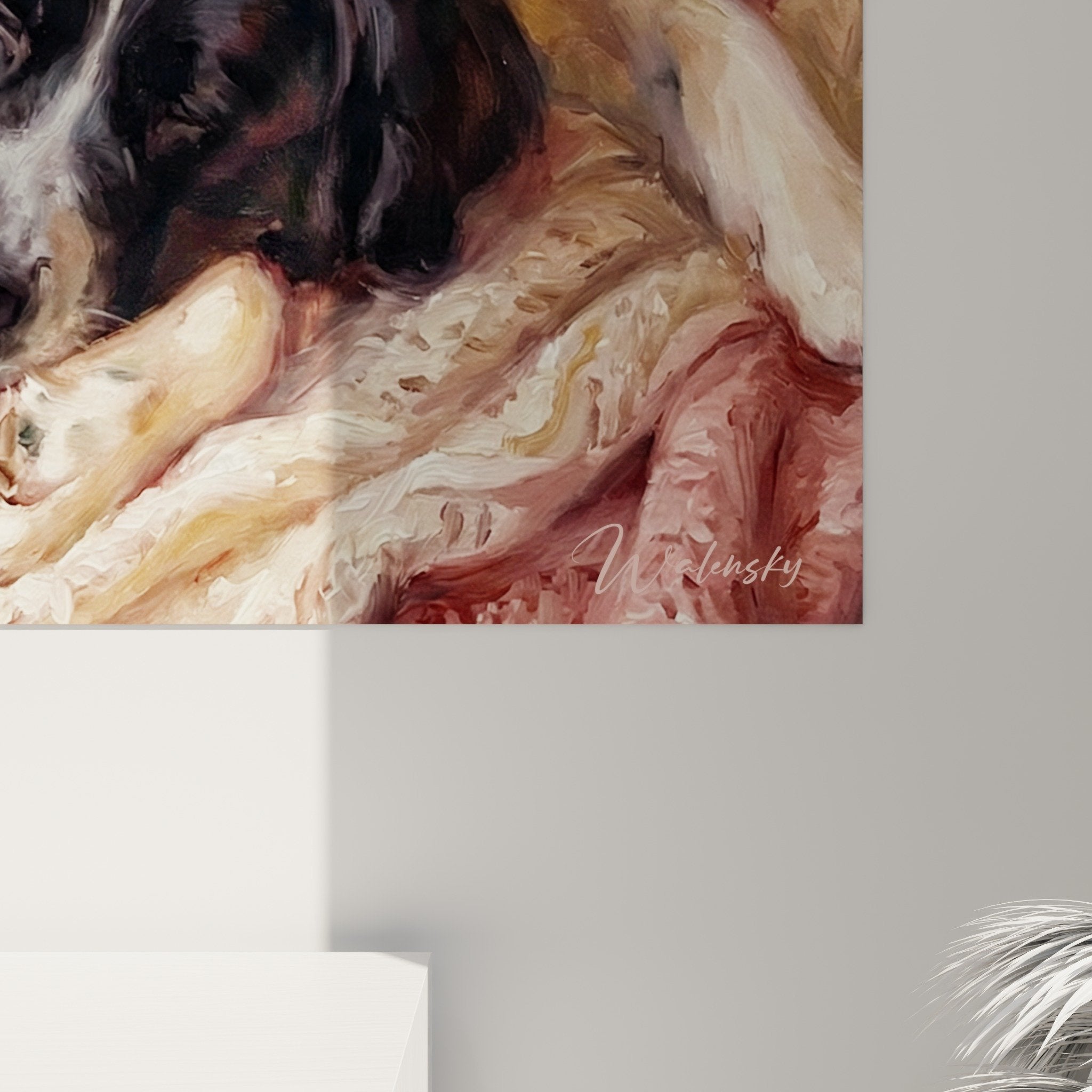Overview artwork Landseer silent guardian protecting sleeping baby soft powdered white pearly tones