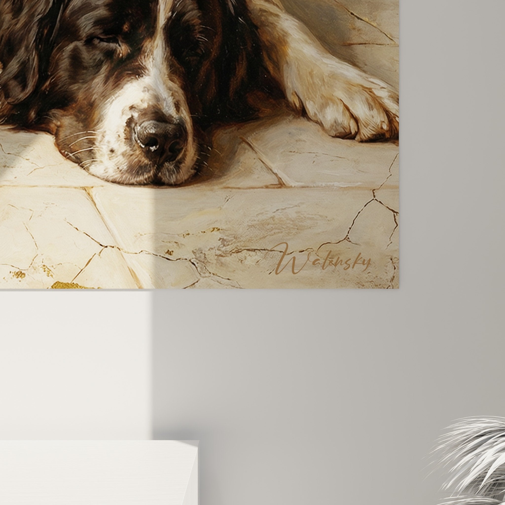 Overall view of tricolor sleeping Landseer painting on tiled floor with patina wall decor in earth tones