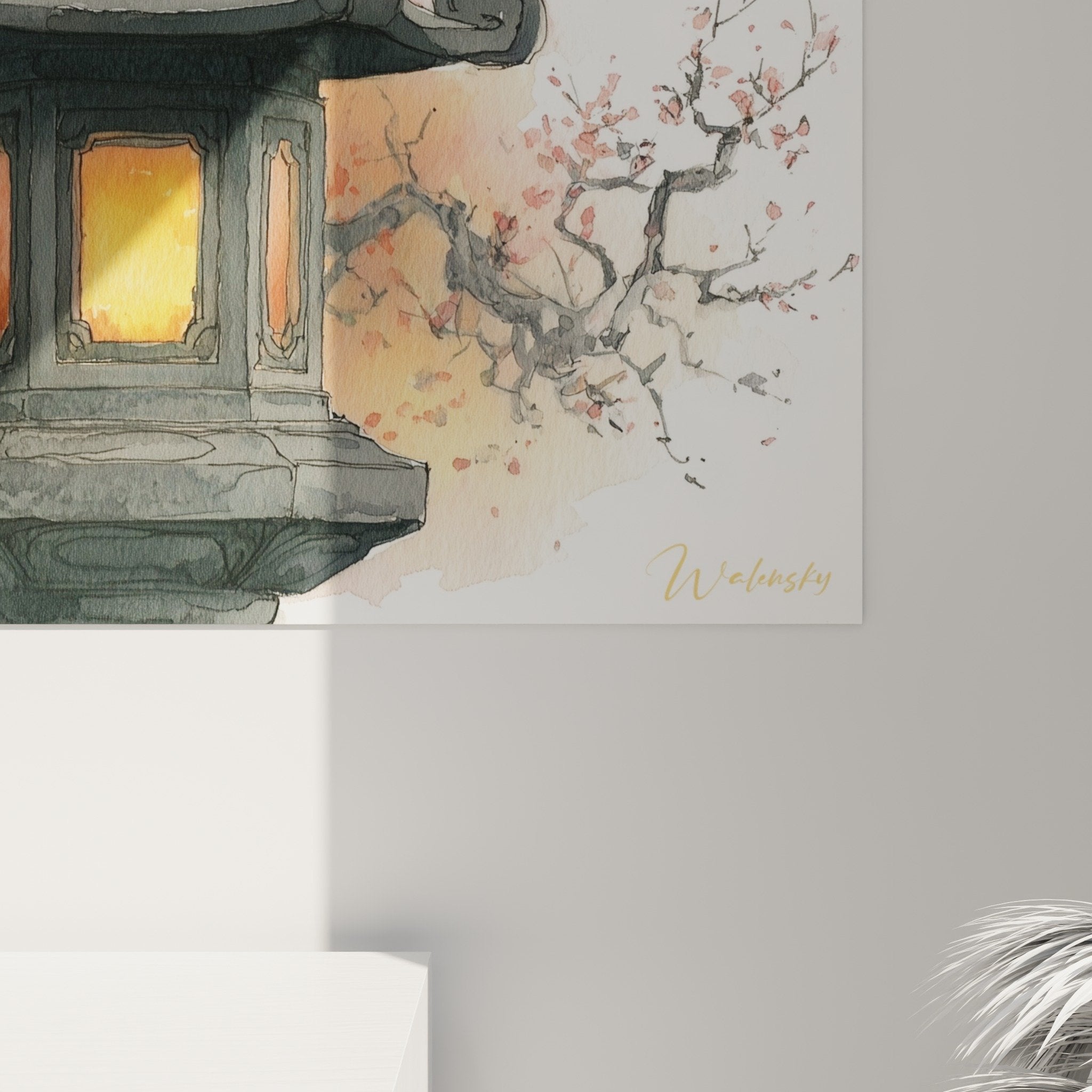 Vue d'ensemble tableau zen lanterne japonaise orange et branche cerisier fleuri style aquarelle