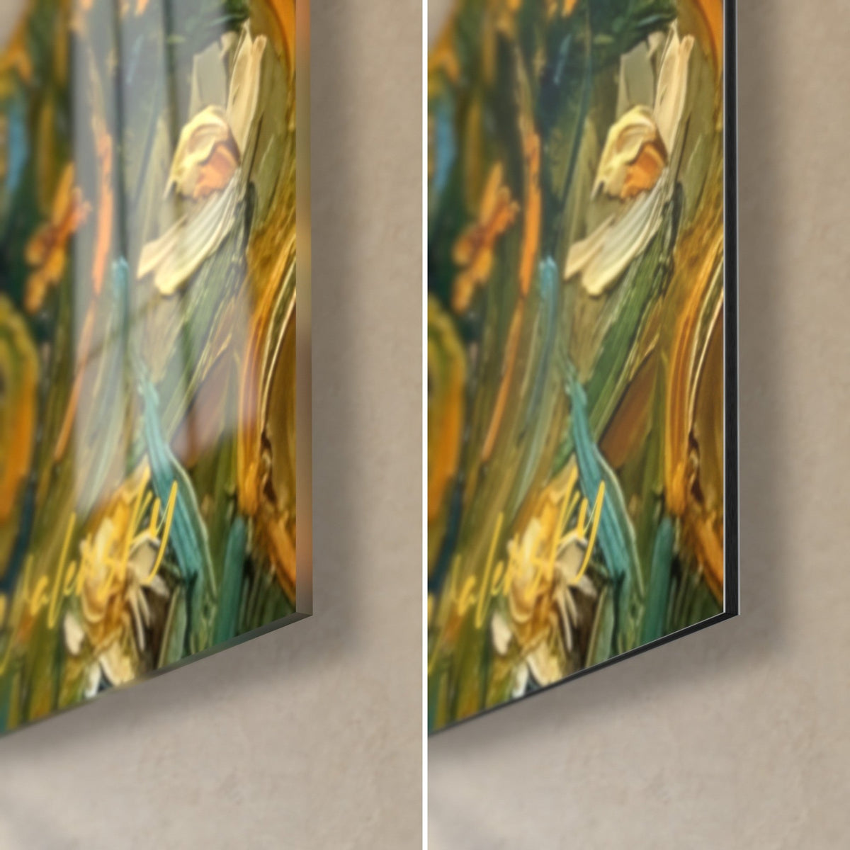 Wall art red rabbit in thick brushstrokes, ivory flower and green grass, bottom right corner in glossy glass and matte Dibond
