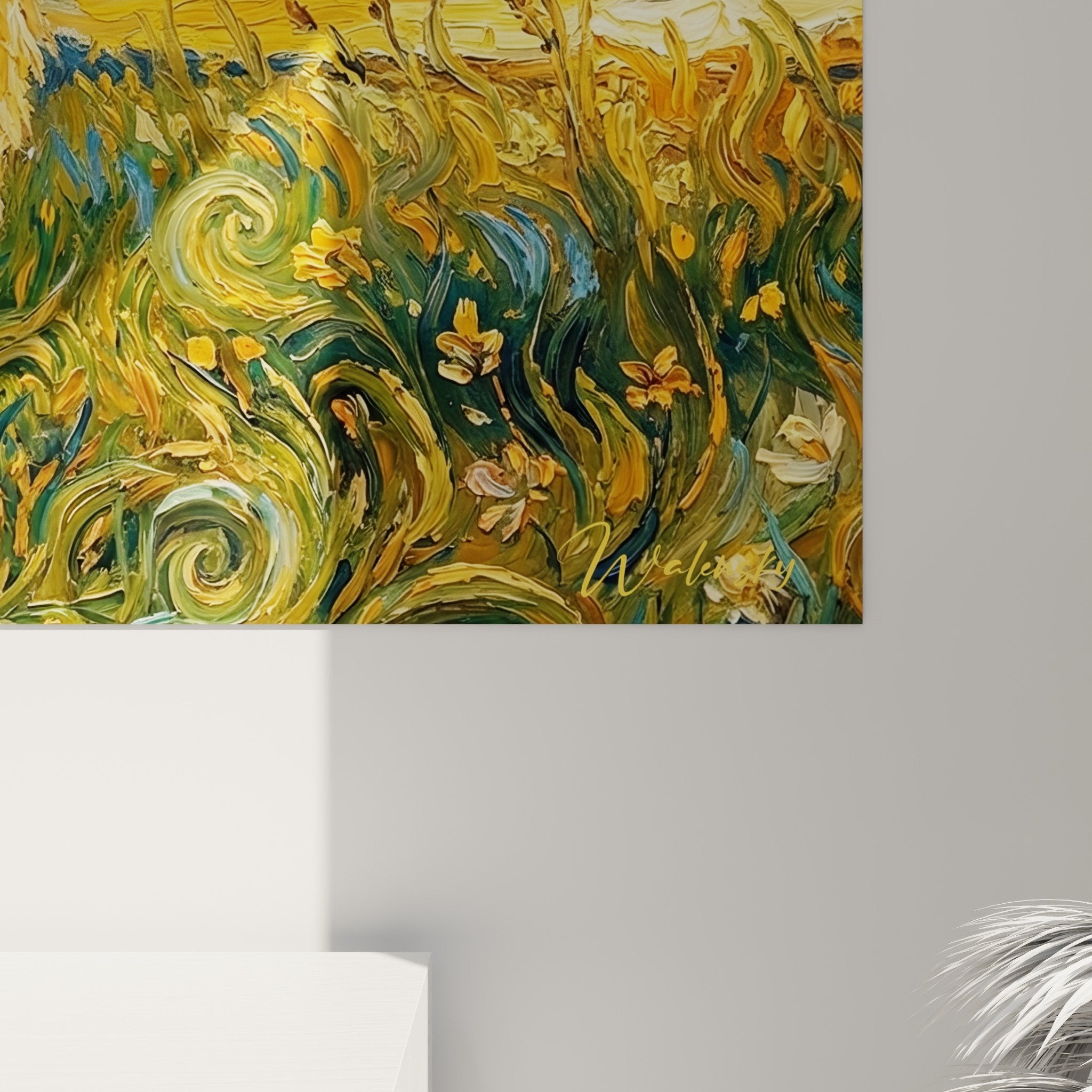 Rabbit landscape painting set rustic countryside blue swirls ochre wall art artistic style