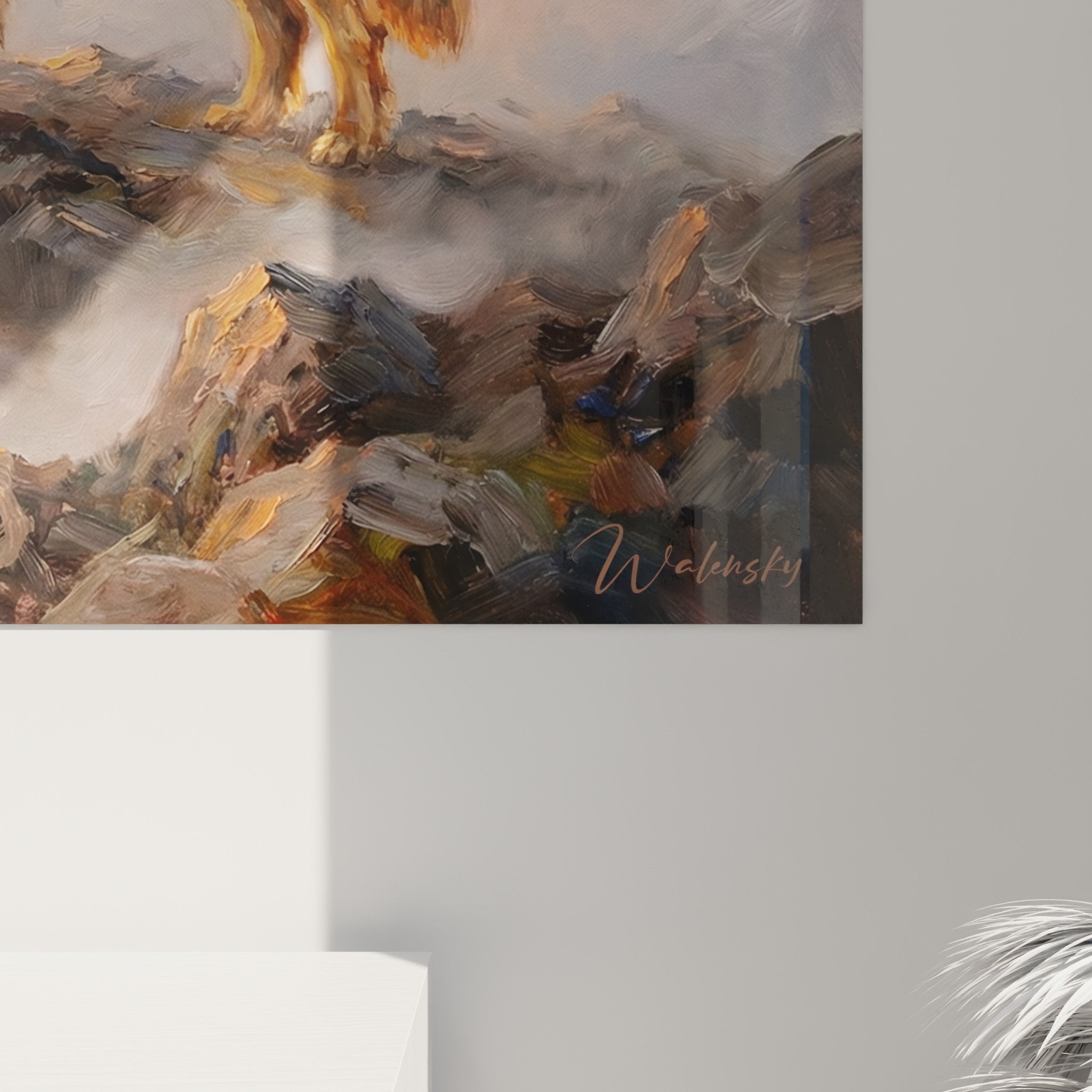 Vue d'ensemble tableau Leonberg alpin dans intérieur contemporain avec éclairage naturel doré