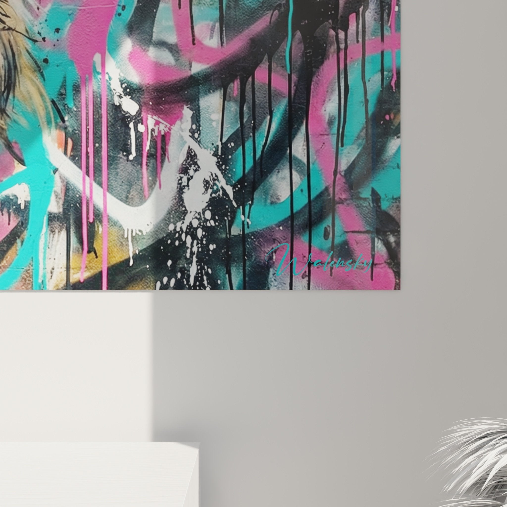 Leonberg urban art graffiti painting pink turquoise overview in contemporary interior