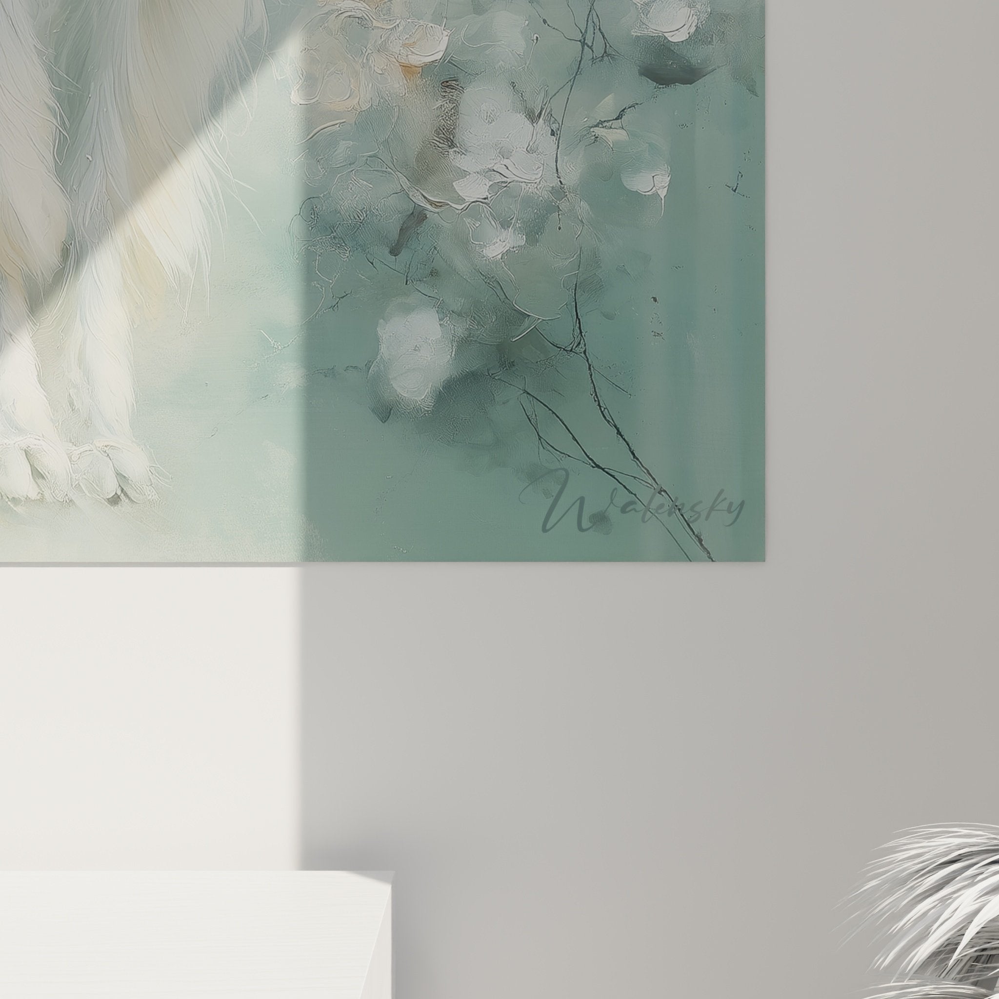 Vista d'insieme del quadro levriero afgano in stile pittorico con fiori bianchi su sfondo vaporoso