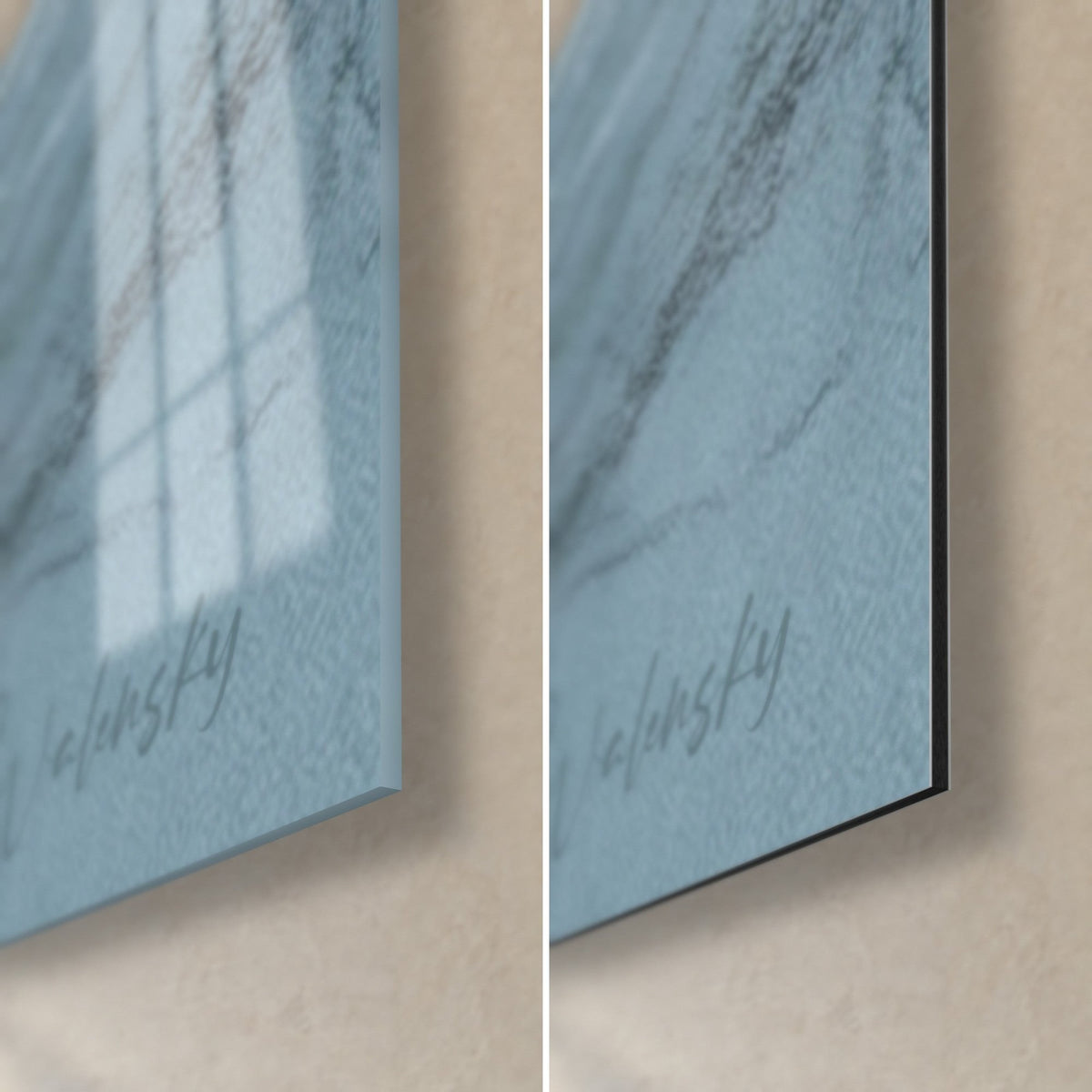 Wall art of a greyhound in blue-grey charcoal, bottom right corner: glossy acrylic glass reflecting the window and matte black Dibond, 3 mm edge