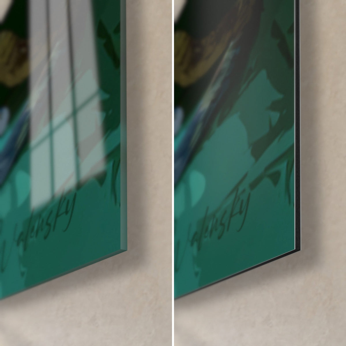 Tableau chien élancé, coin bas droit : tranche noire de 3 mm, verre brillant à gauche, alu Dibond mat à droite, vert profond