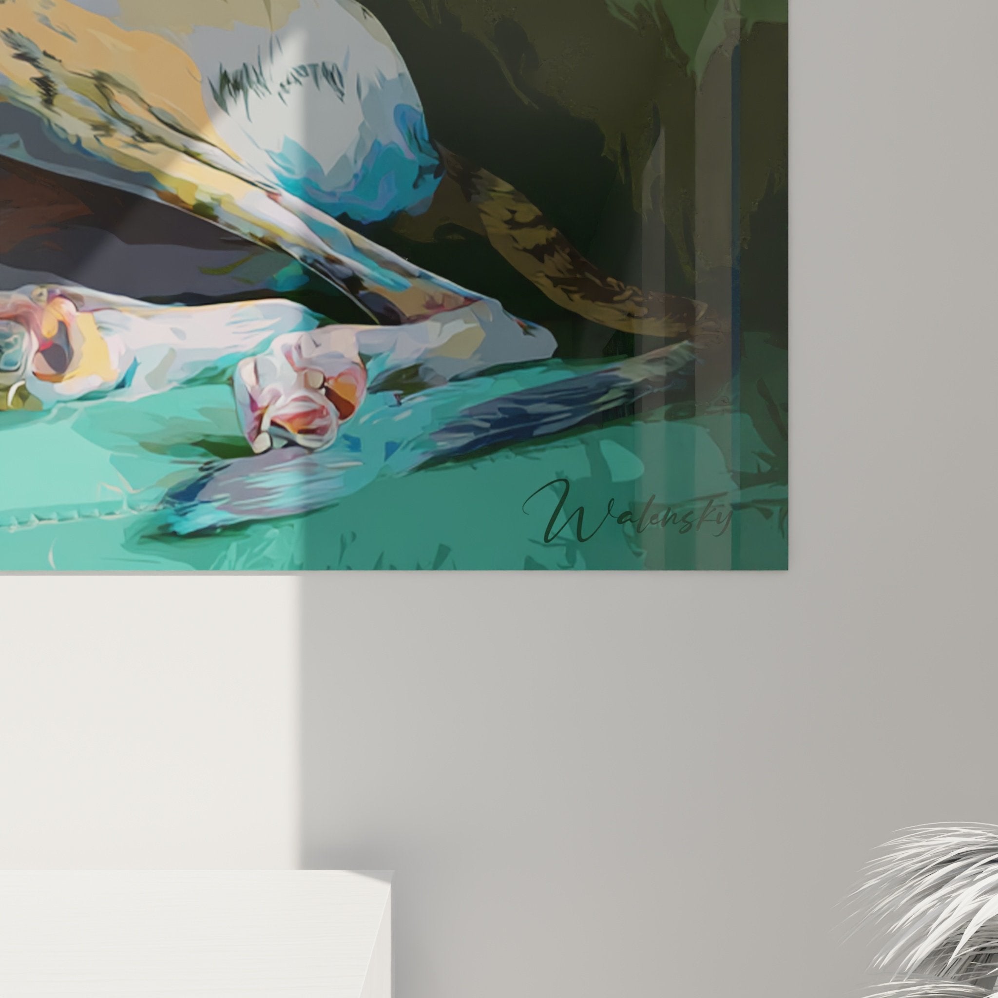 Gesamtansicht des Whippet-Windhund-Kunstdrucks im modernen Wohnzimmer, Harmonie von warmen und kalten Farbtönen