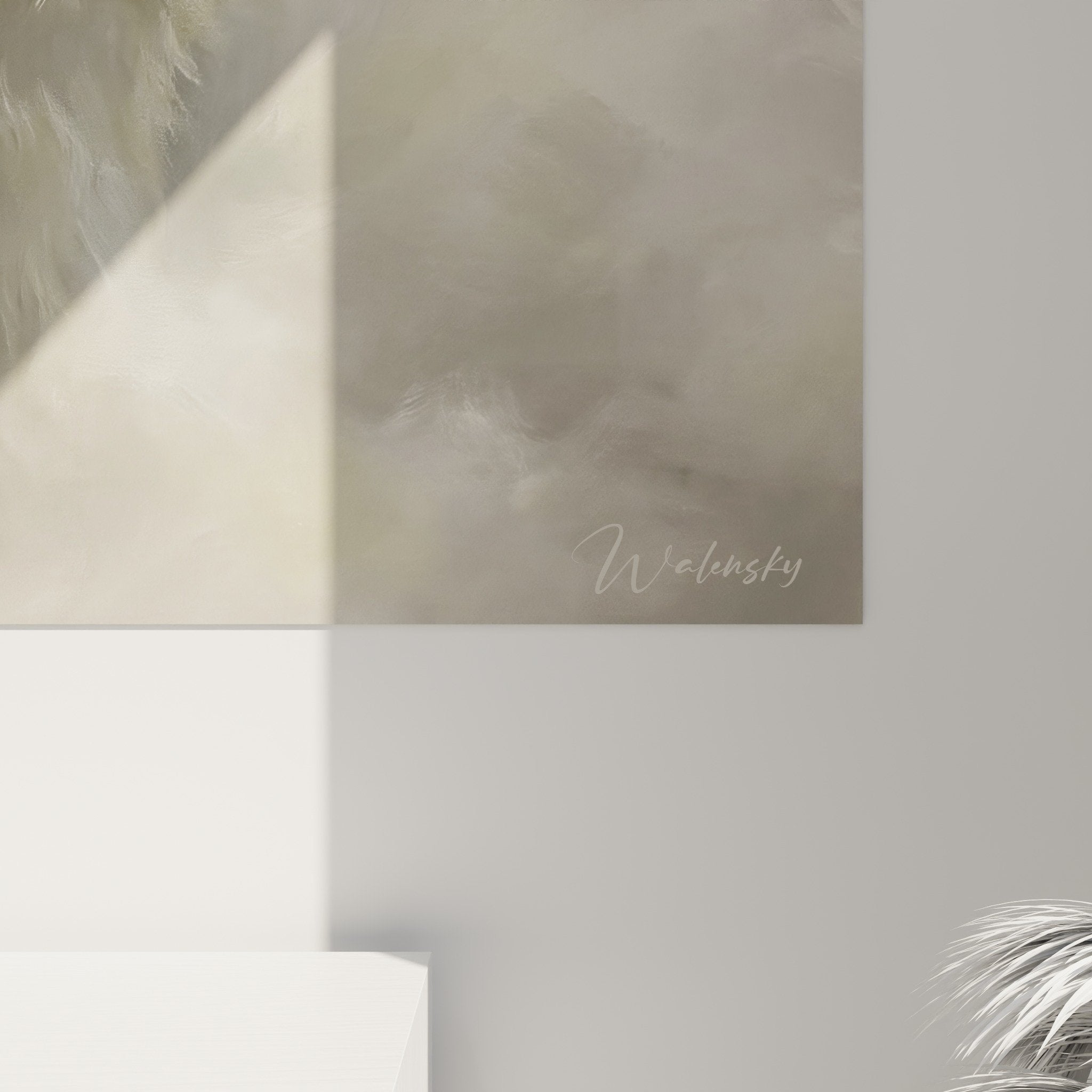 Vue d'ensemble tableau Lhassa Apso brume artistique dans intérieur contemporain tons neutres