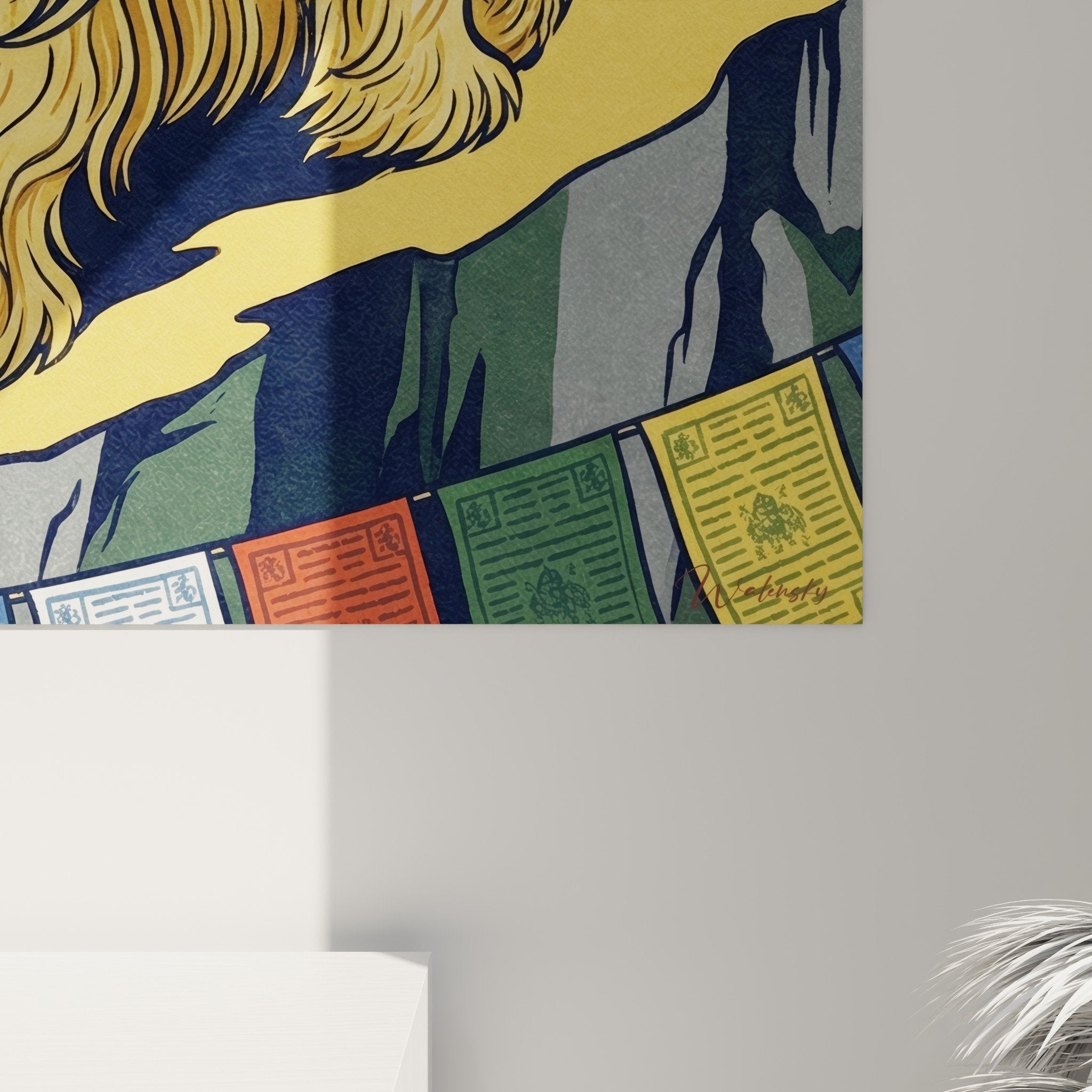 Vista d'insieme del quadro Lhassa Apso montanaro con luce dorata e bandiere tibetane multicolori