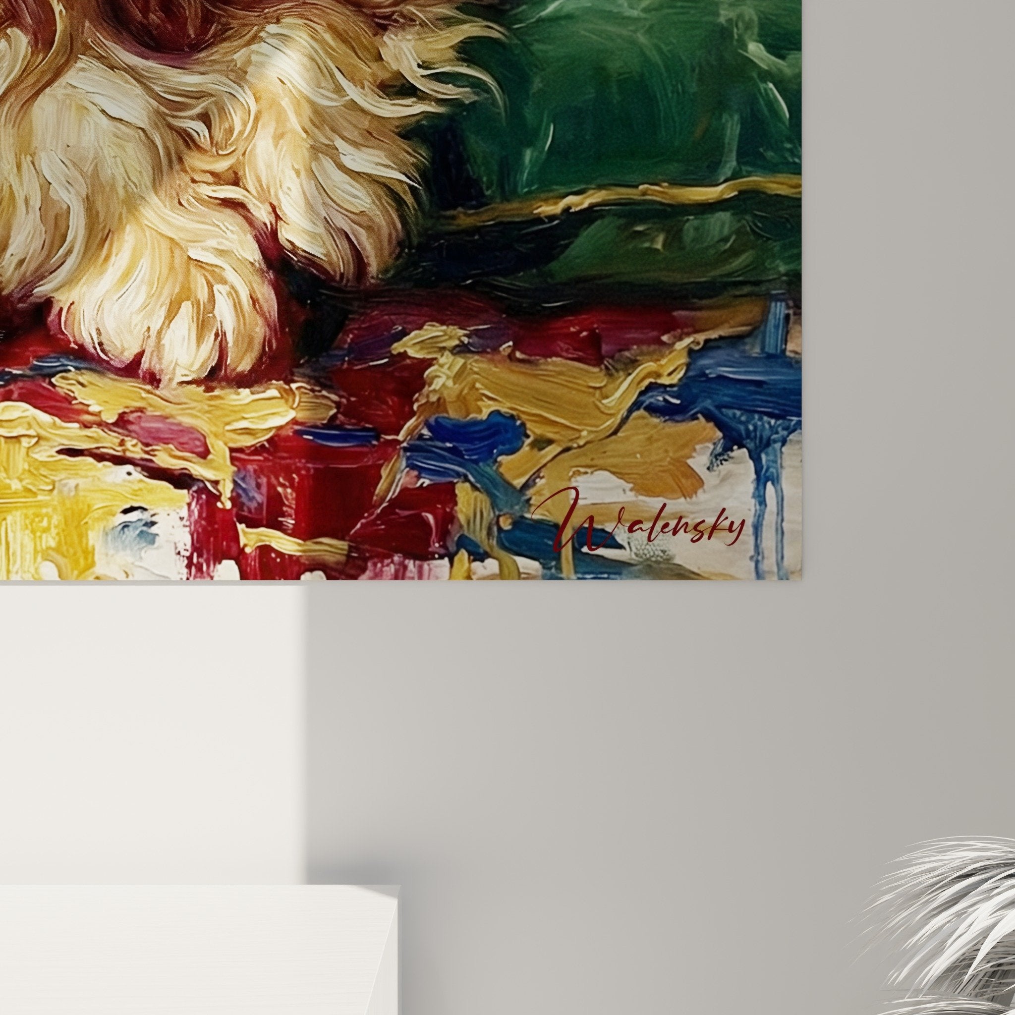 Vue d'ensemble tableau Lhassa Apso royal sur velours vert, composition artistique aux couleurs chatoyantes et raffinées