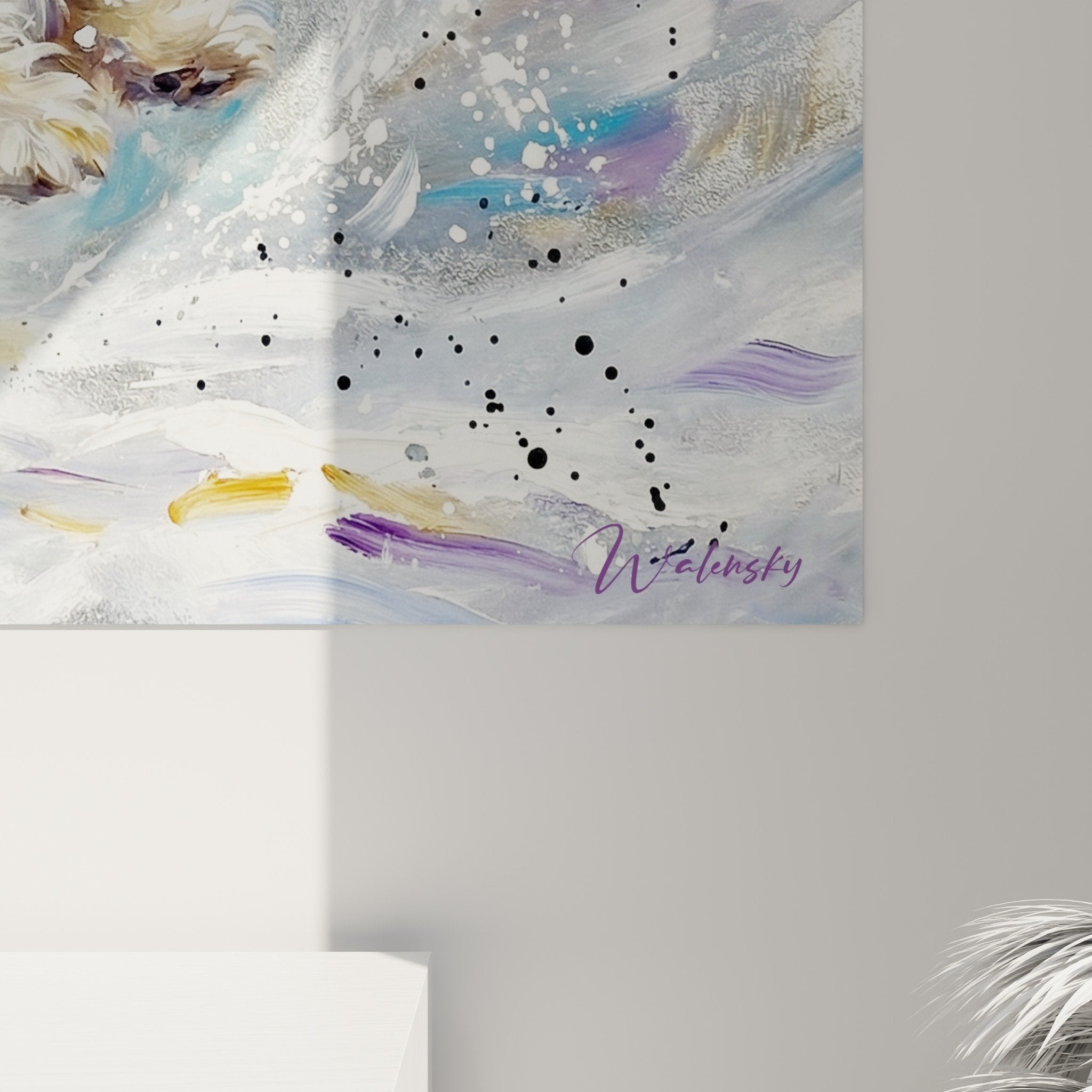 Vue d'ensemble tableau Lhassa Apso artistique avec flocons de neige et tourbillon de couleurs