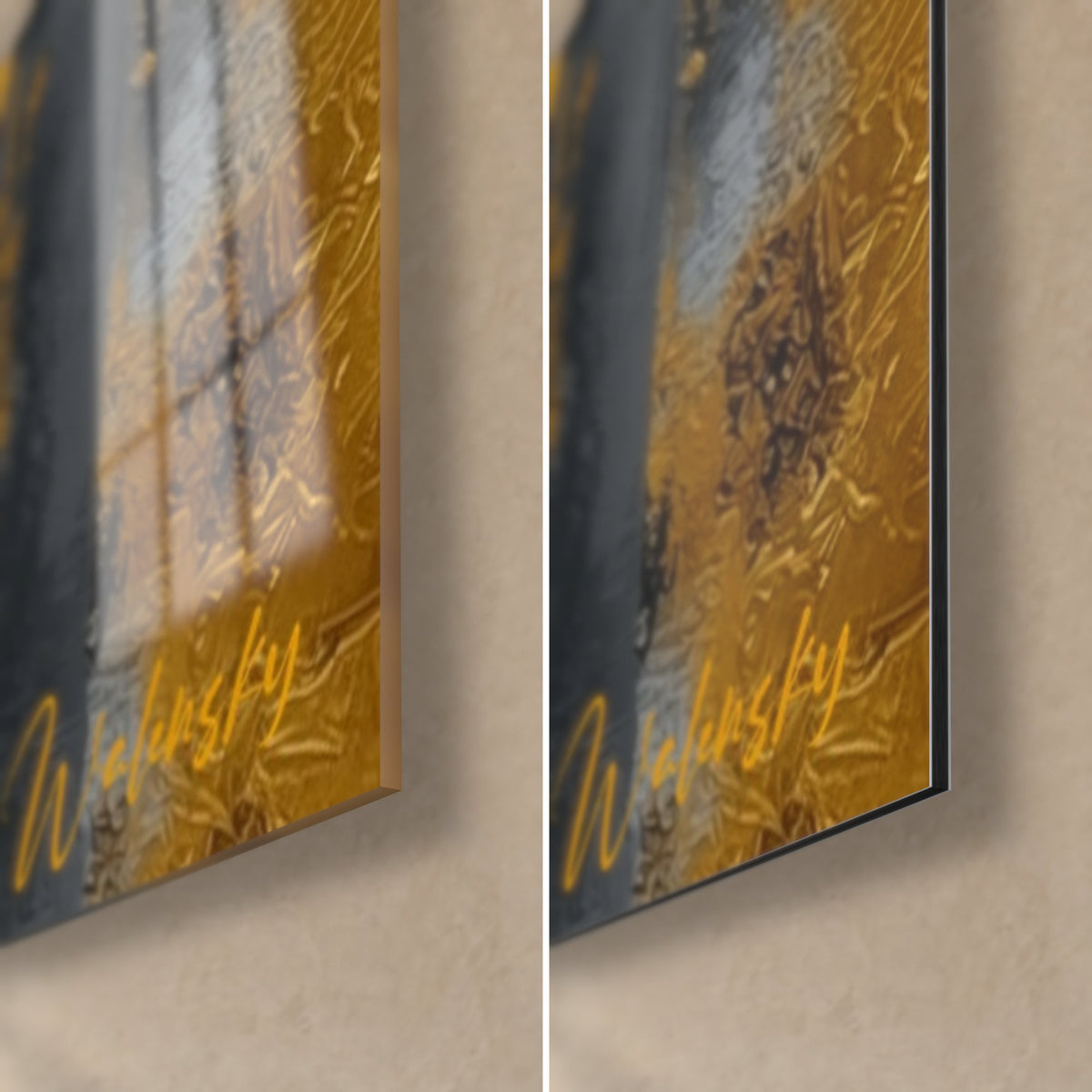 Tableau roi des animaux en or et gris, coin bas droit : verre acrylique brillant et reflets, alu Dibond mat, tranche 3 mm