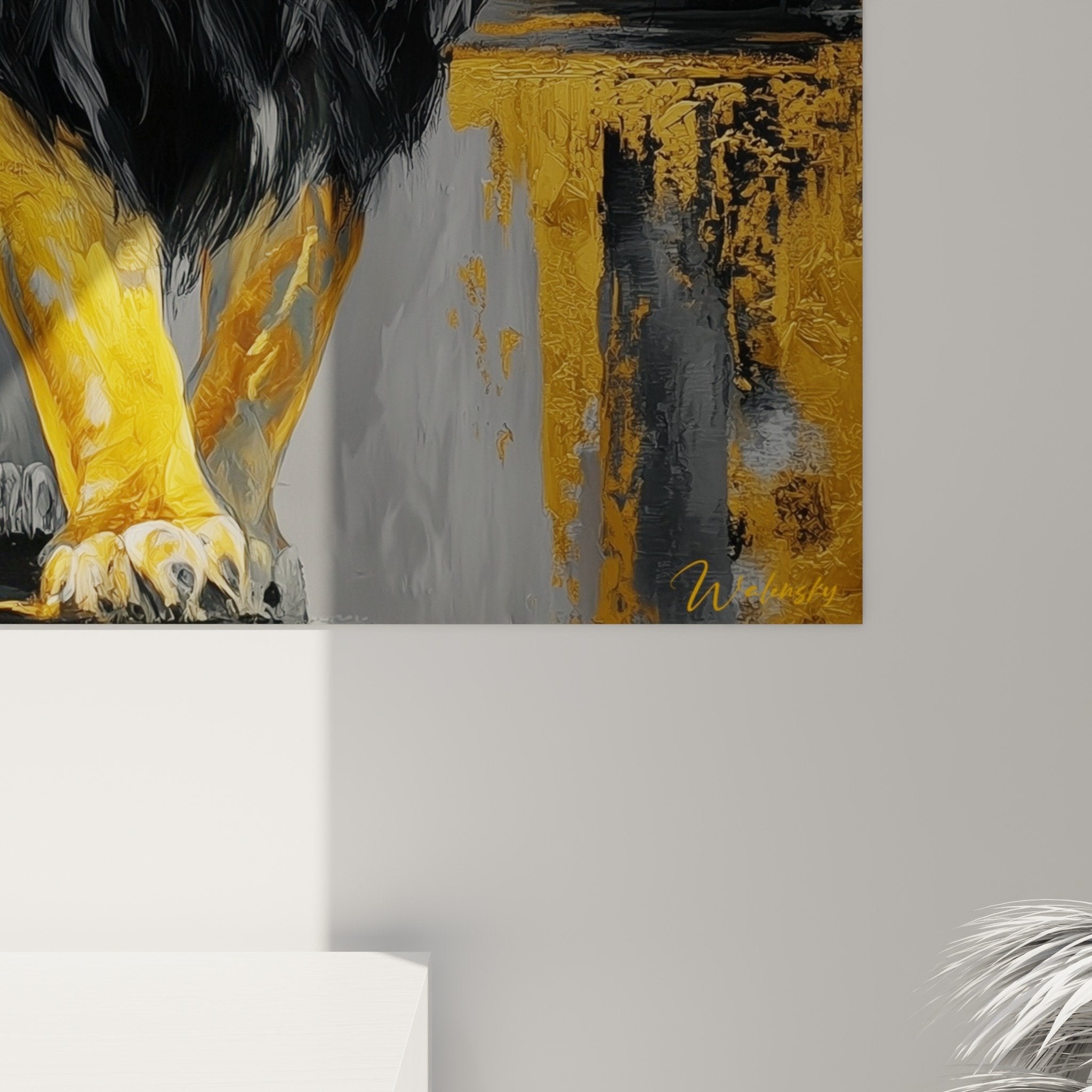 Übersicht Gemälde goldener Löwe, moderne künstlerische Komposition mit strukturiertem abstraktem Hintergrund und Farben