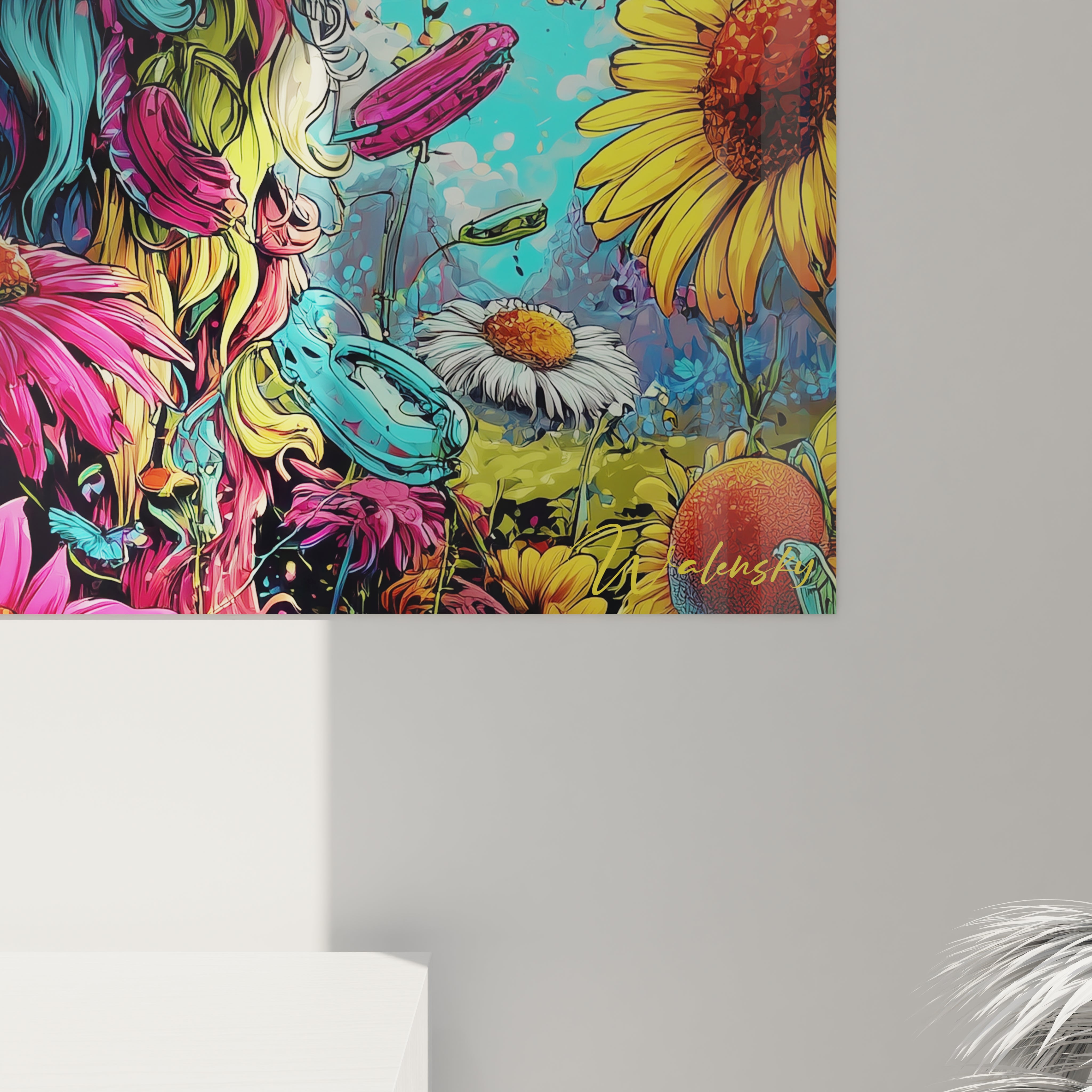 Vue d'ensemble tableau lion surréaliste avec décor floral fantastique et couleurs vibrantes