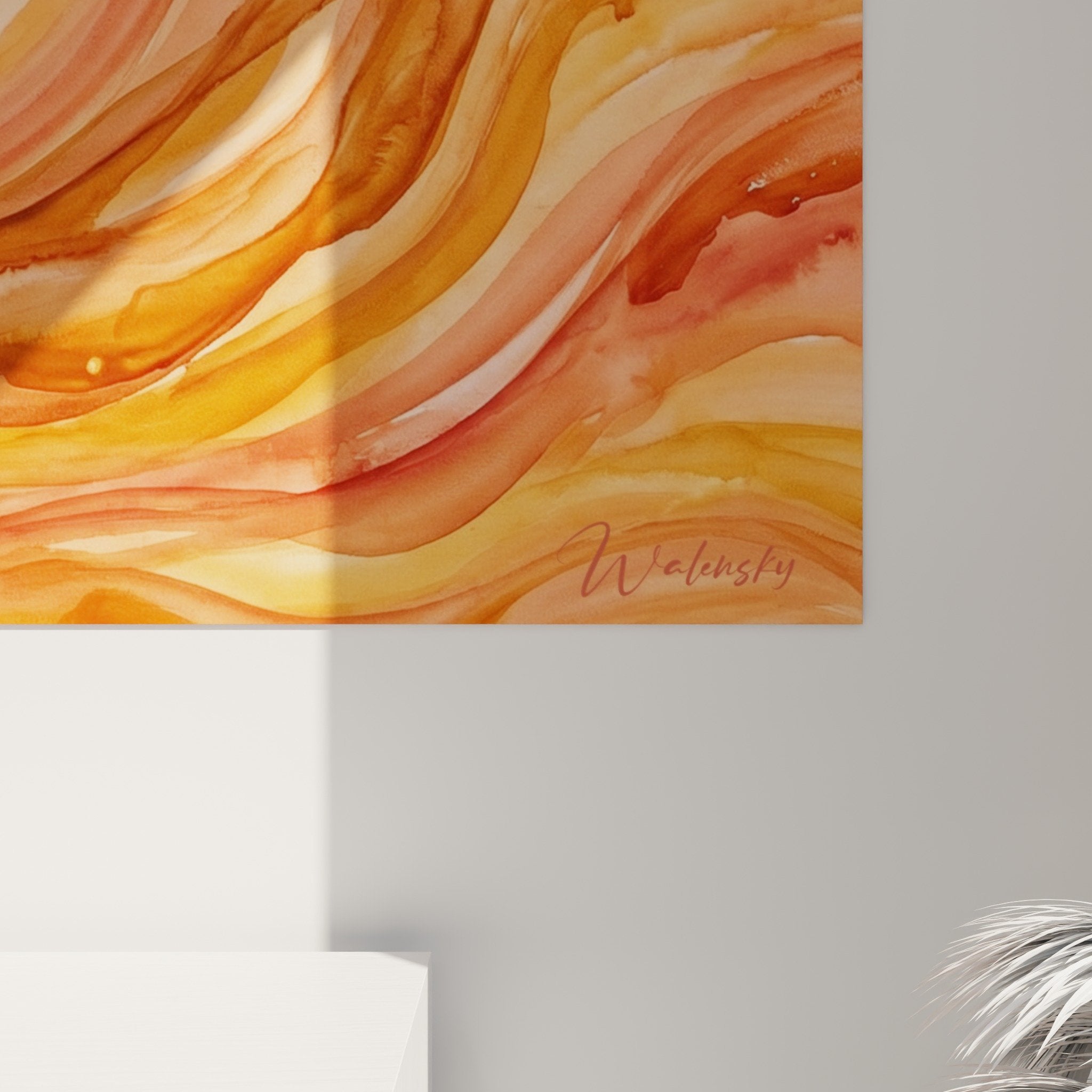 Vue d'ensemble tableau lotus chakras orange, composition spirituelle aux vagues énergétiques et tons flamboyants