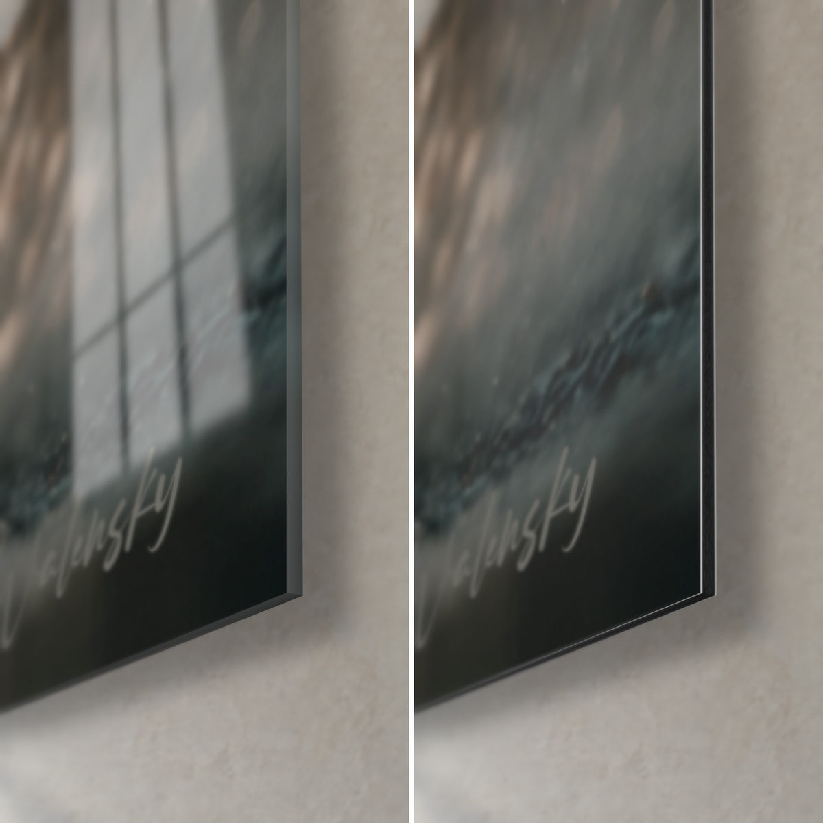 Schilderij van een natte Belgische herder met rechtopstaande oren, rechtsonder: glanzend acrylglas links, mat aluminium Dibond, rand van 3 mm