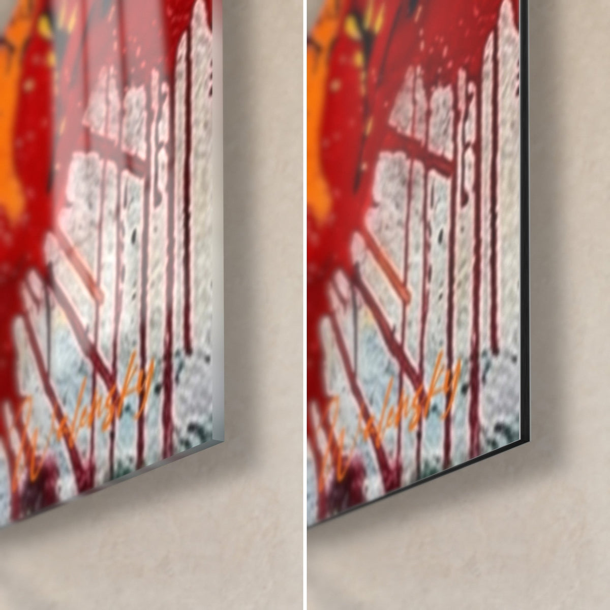 Wall art with a mandala of red paint drips and white splashes, bottom right corner: glossy acrylic glass on the left, matte black Dibond on the right, 3 mm edge