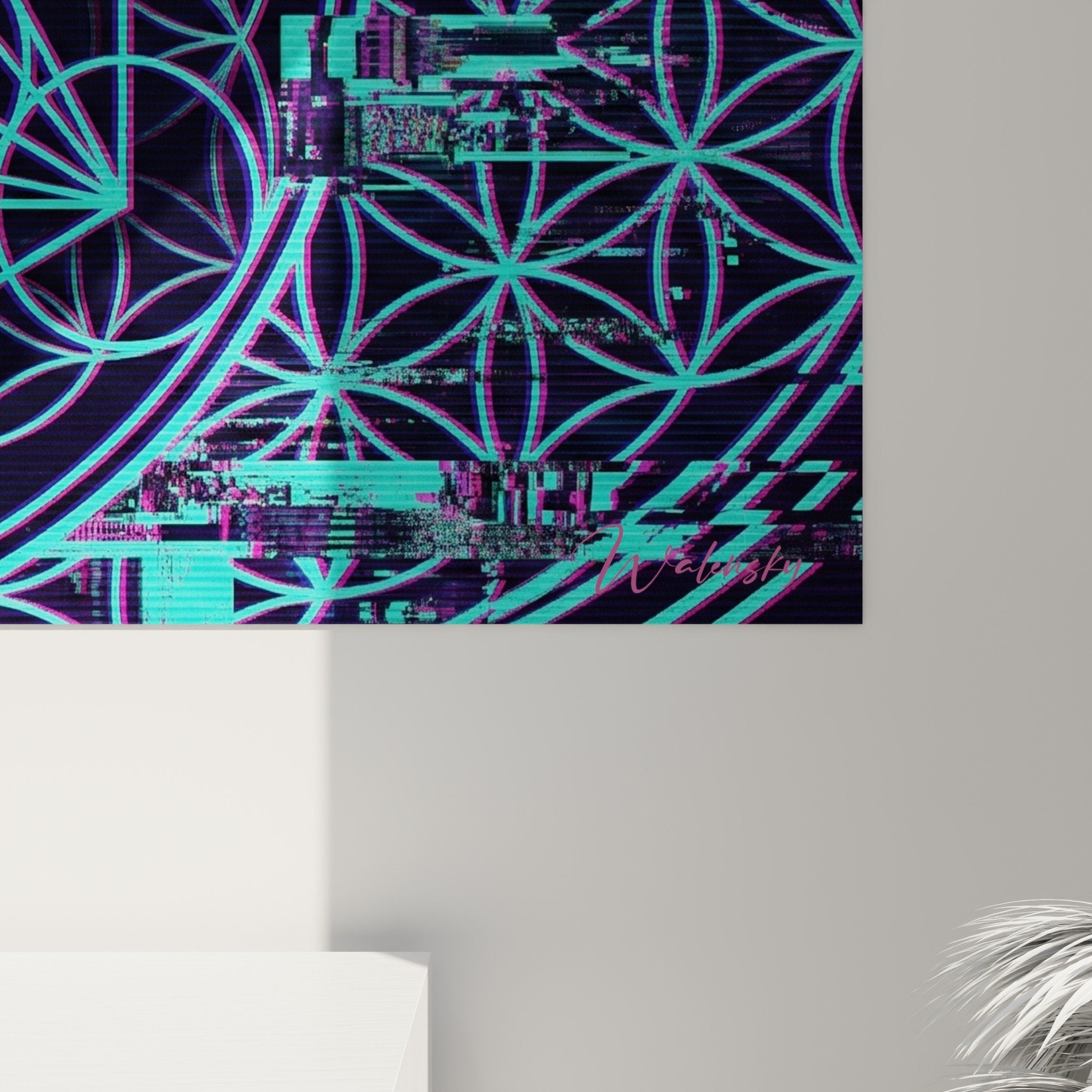 Vue d'ensemble tableau mandala géométrique turquoise violet avec effets cyberpunk dans intérieur contemporain