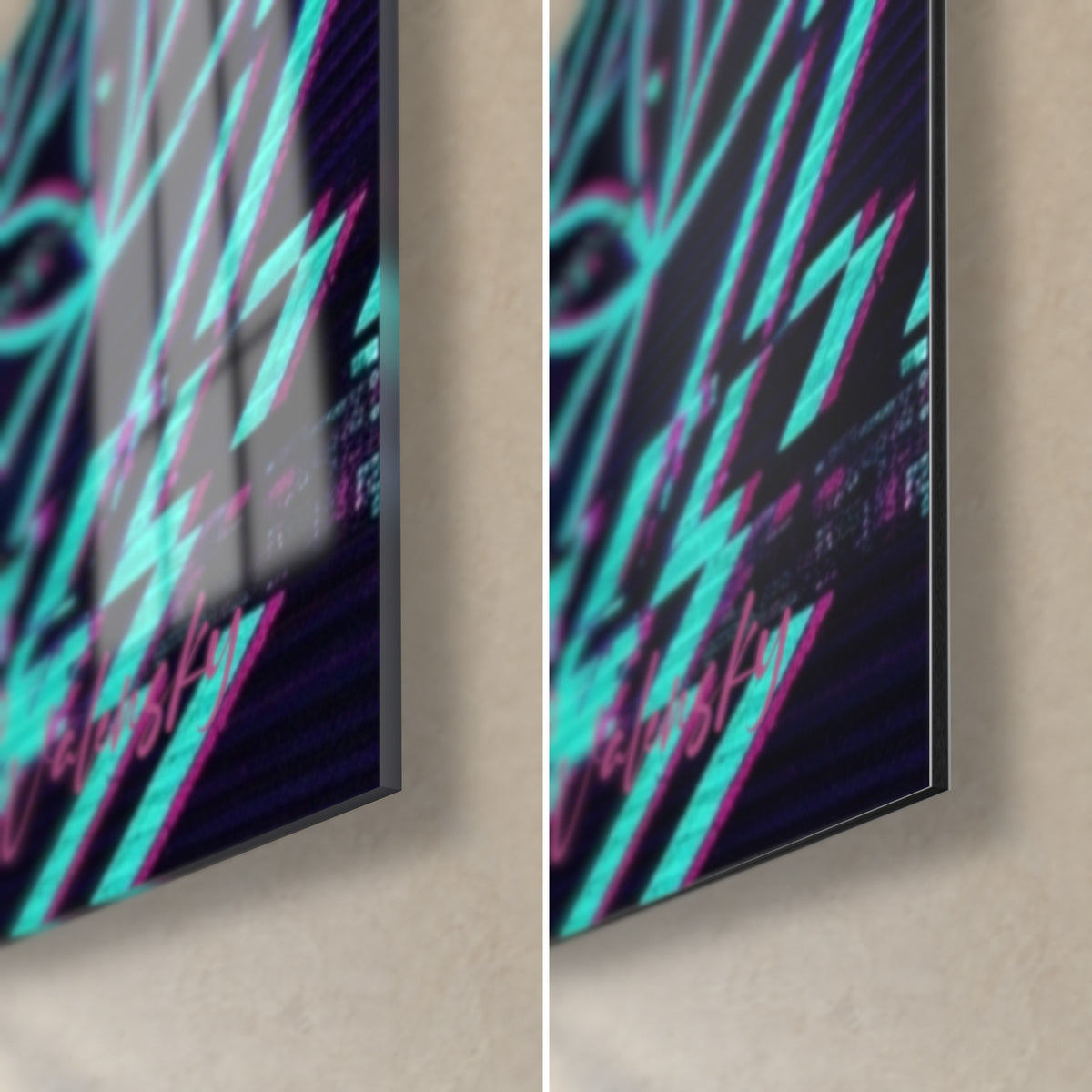 Wall art sacred geometry in turquoise and violet, bottom right corner: glossy acrylic glass on the left, matte Dibond and 3 mm edge
