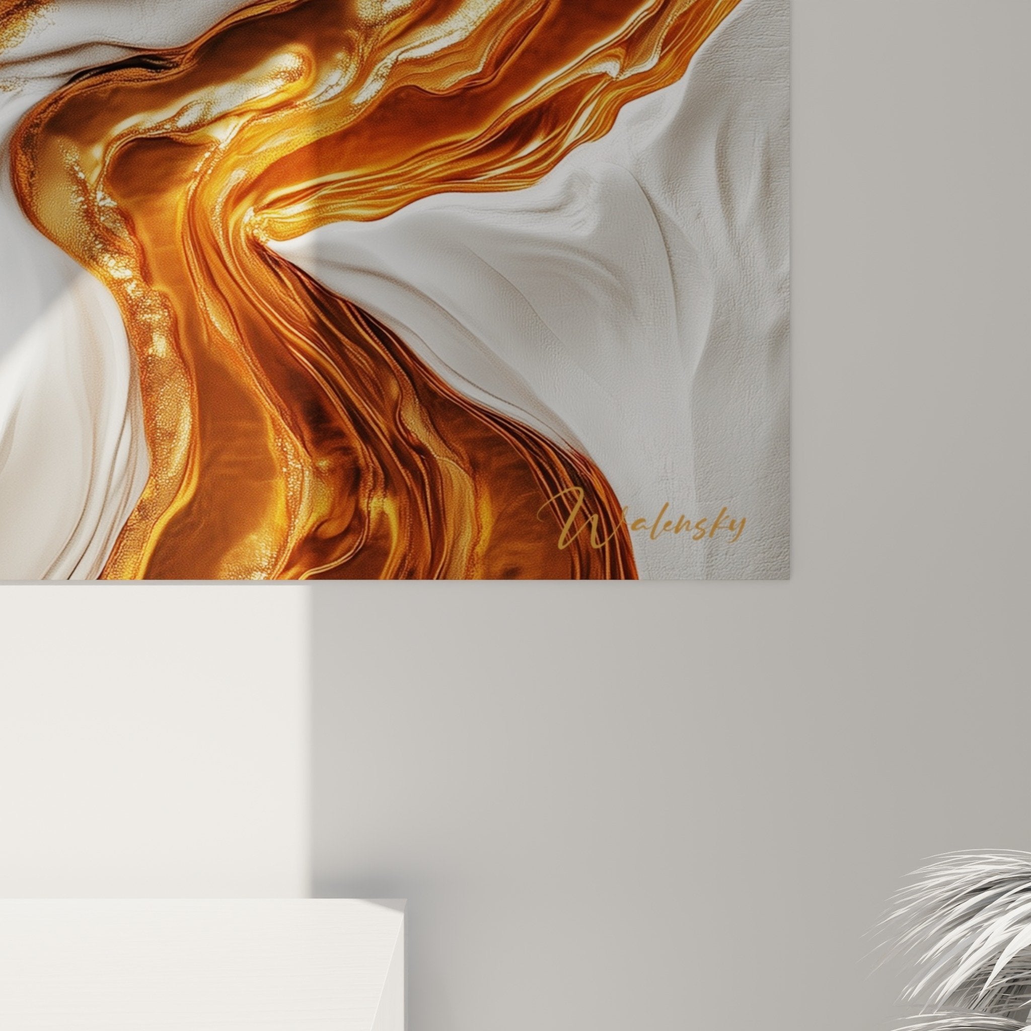 Vue d'ensemble tableau marbre abstrait tons cuivre et blanc dans intérieur design