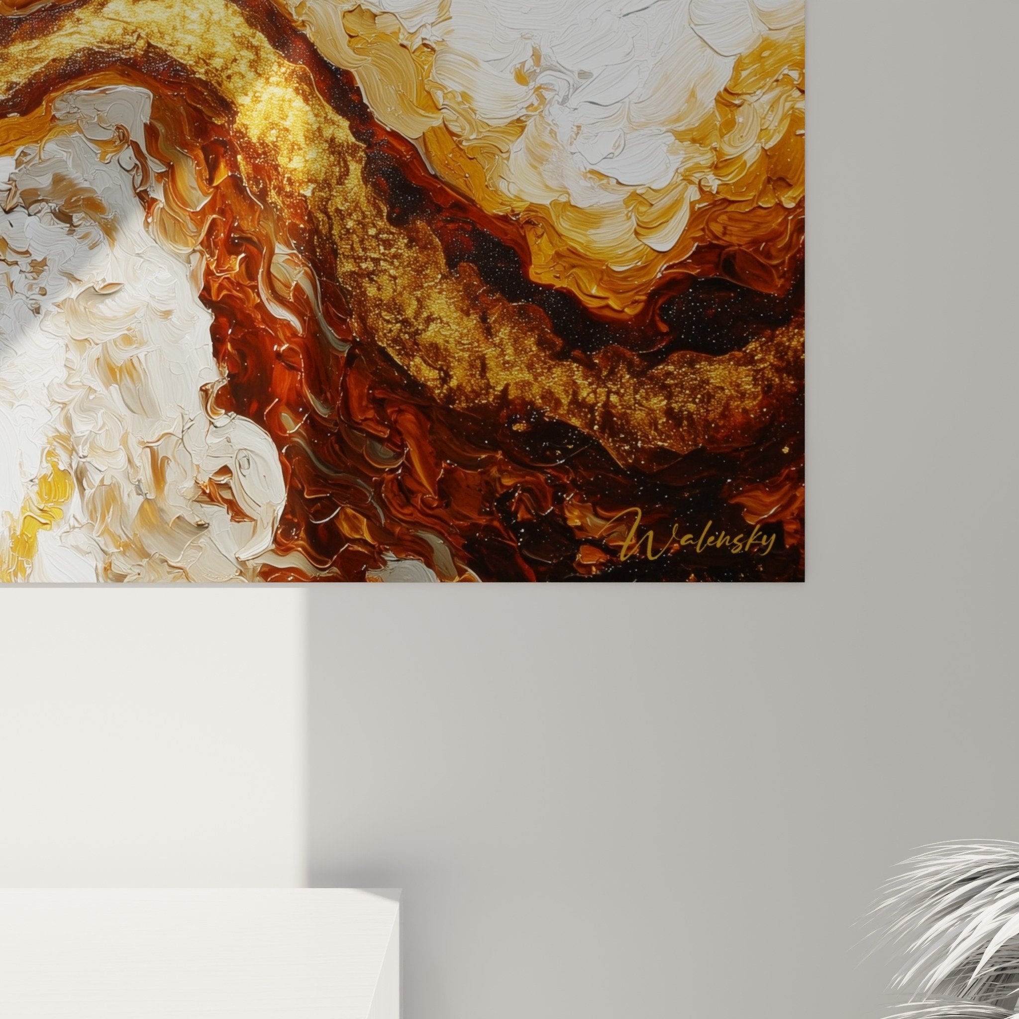 Vue d'ensemble tableau marbre abstrait horizontal ondulations dorées blanches art mural moderne
