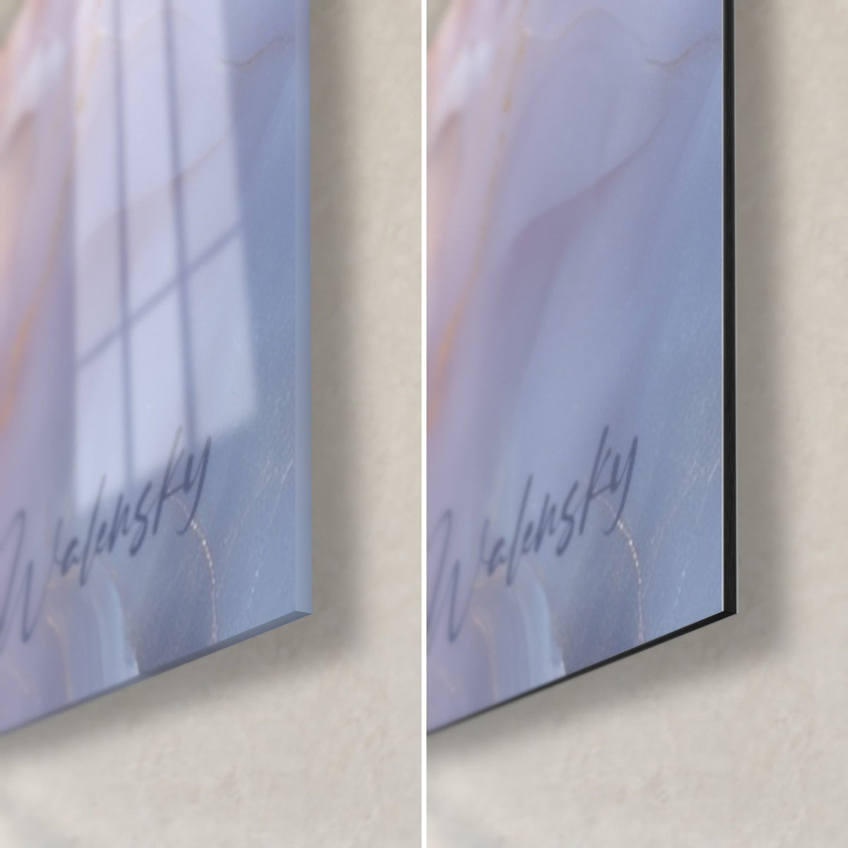 Tableau marbre bleu lavande et rose pâle, signature Walensky, coin bas droit en verre brillant et Dibond mat, tranche de 3 mm