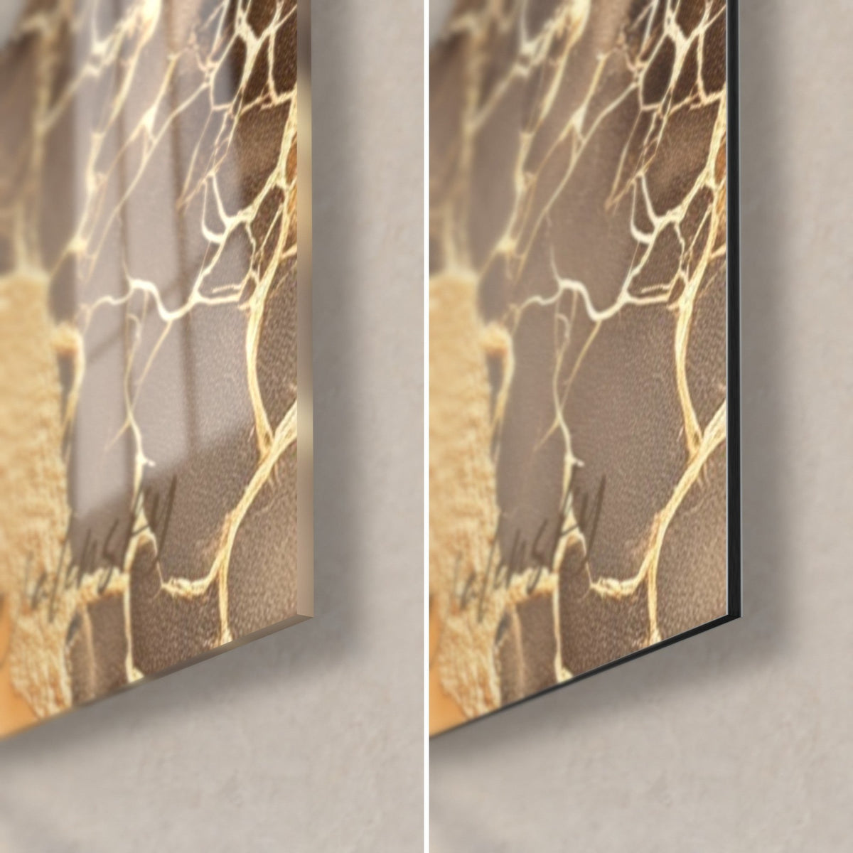 Tableau agate aux craquelures dorées, coin bas droit en verre acrylique brillant et en alu Dibond mat, tranche de 3 mm